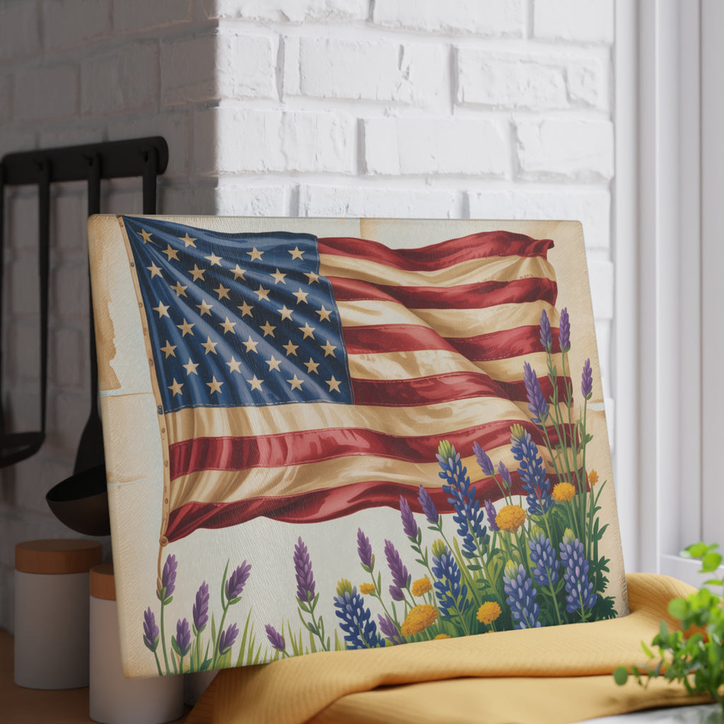 American Flag with Wildflowers Glass Cutting Board | Patriotic Kitchen