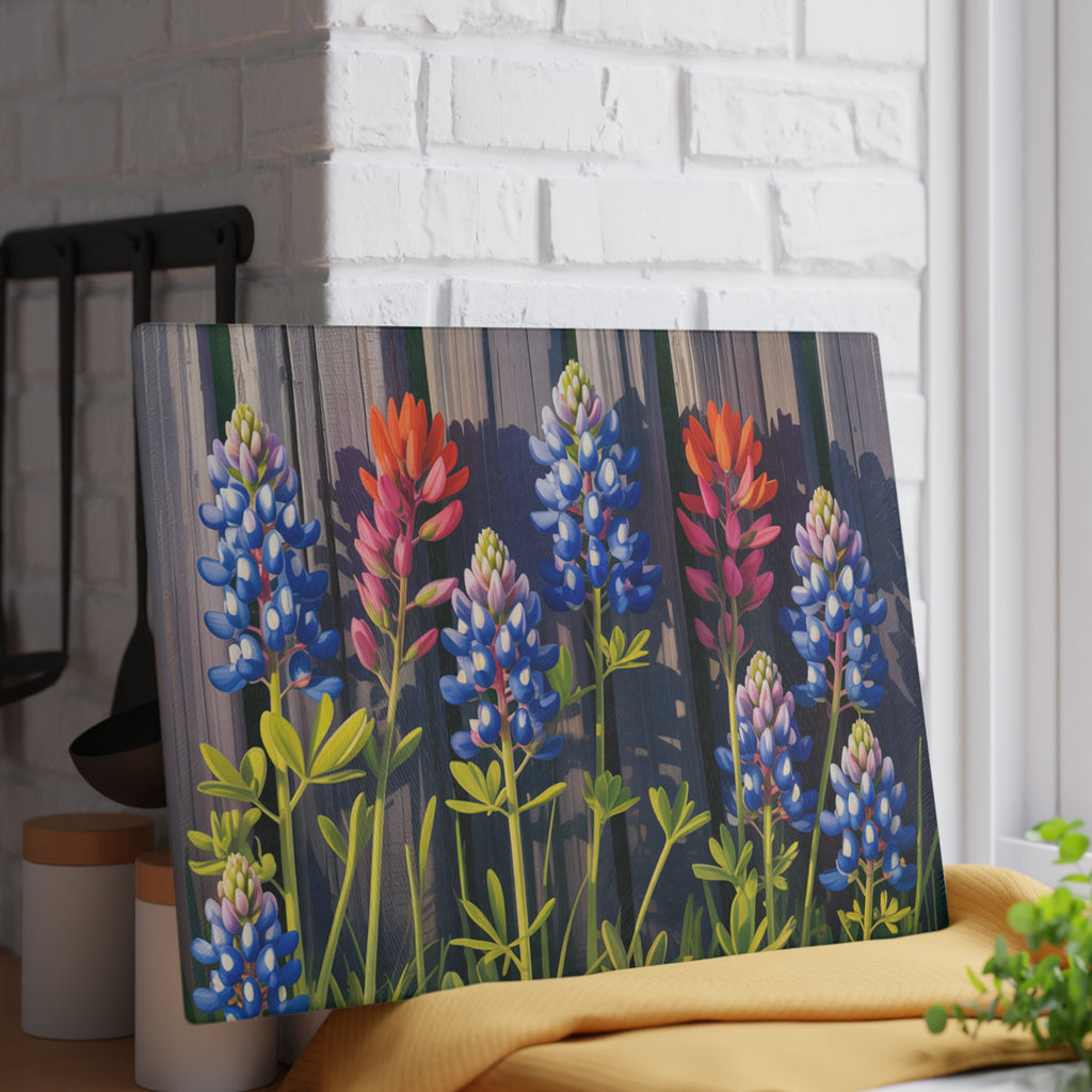 Bluebonnet and Indian Paintbrush Glass Cutting Board | Floral Kitchen Decor