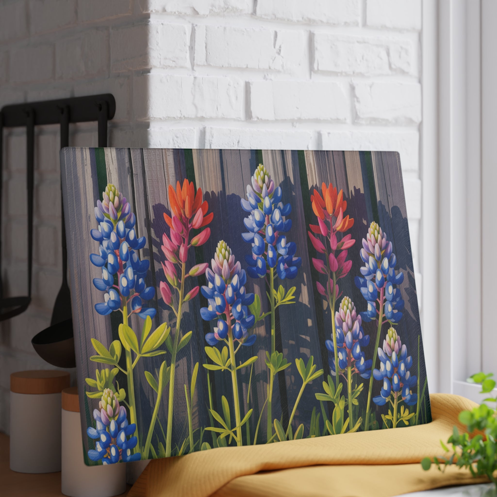 Bluebonnet and Indian Paintbrush Glass Cutting Board | Floral Kitchen Decor