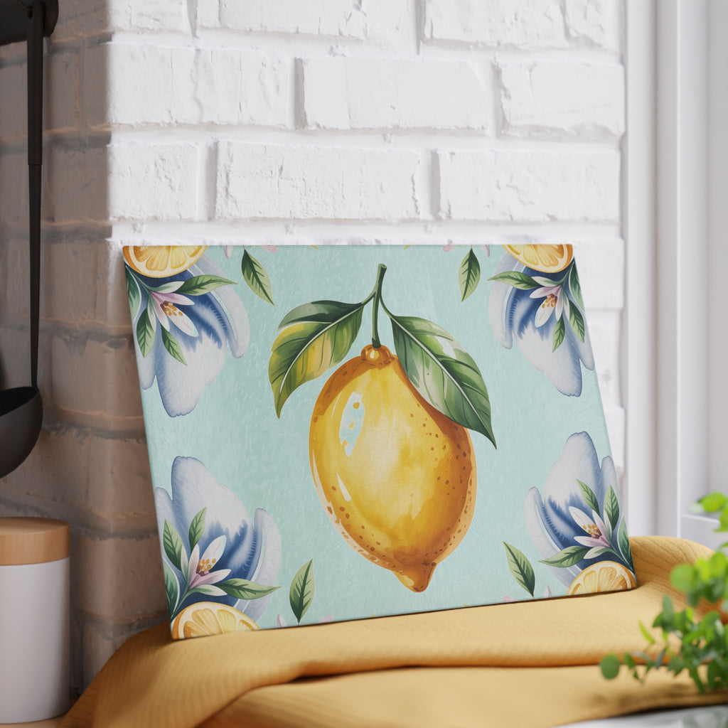 Lemon Watercolor Pattern Glass Cutting Board | Citrus Kitchen Decor