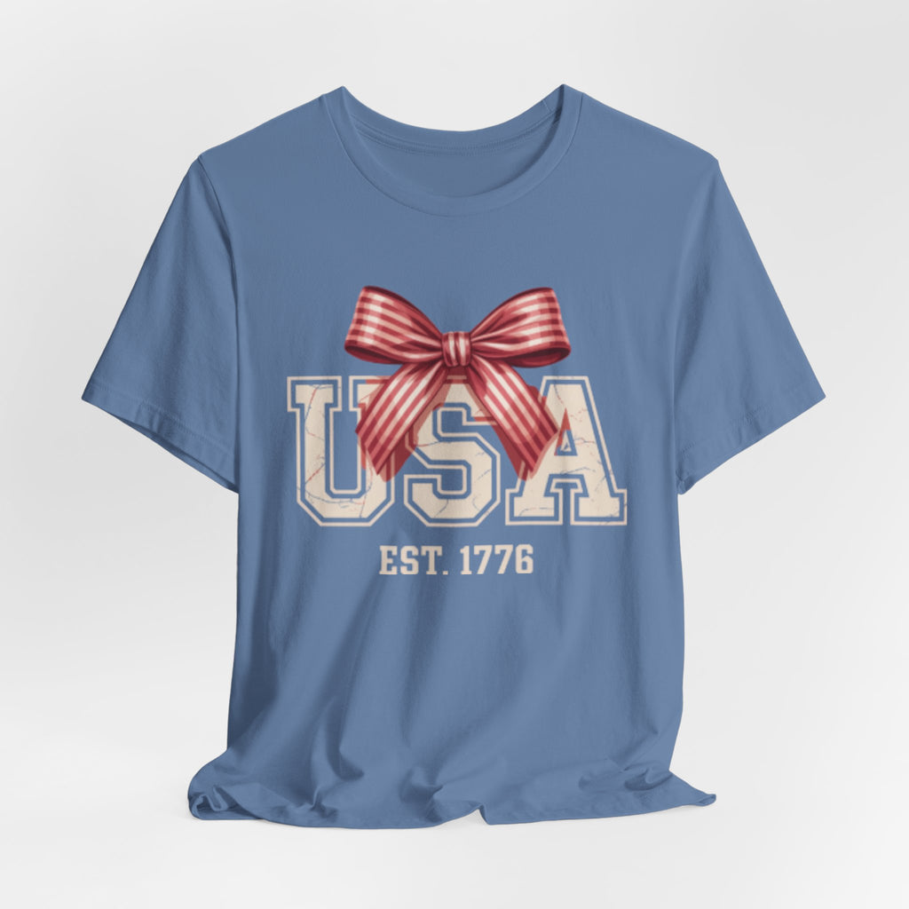 USA EST 1776 bow Fourth of July graphic Tee | Patriotic Fourth of July shirt
