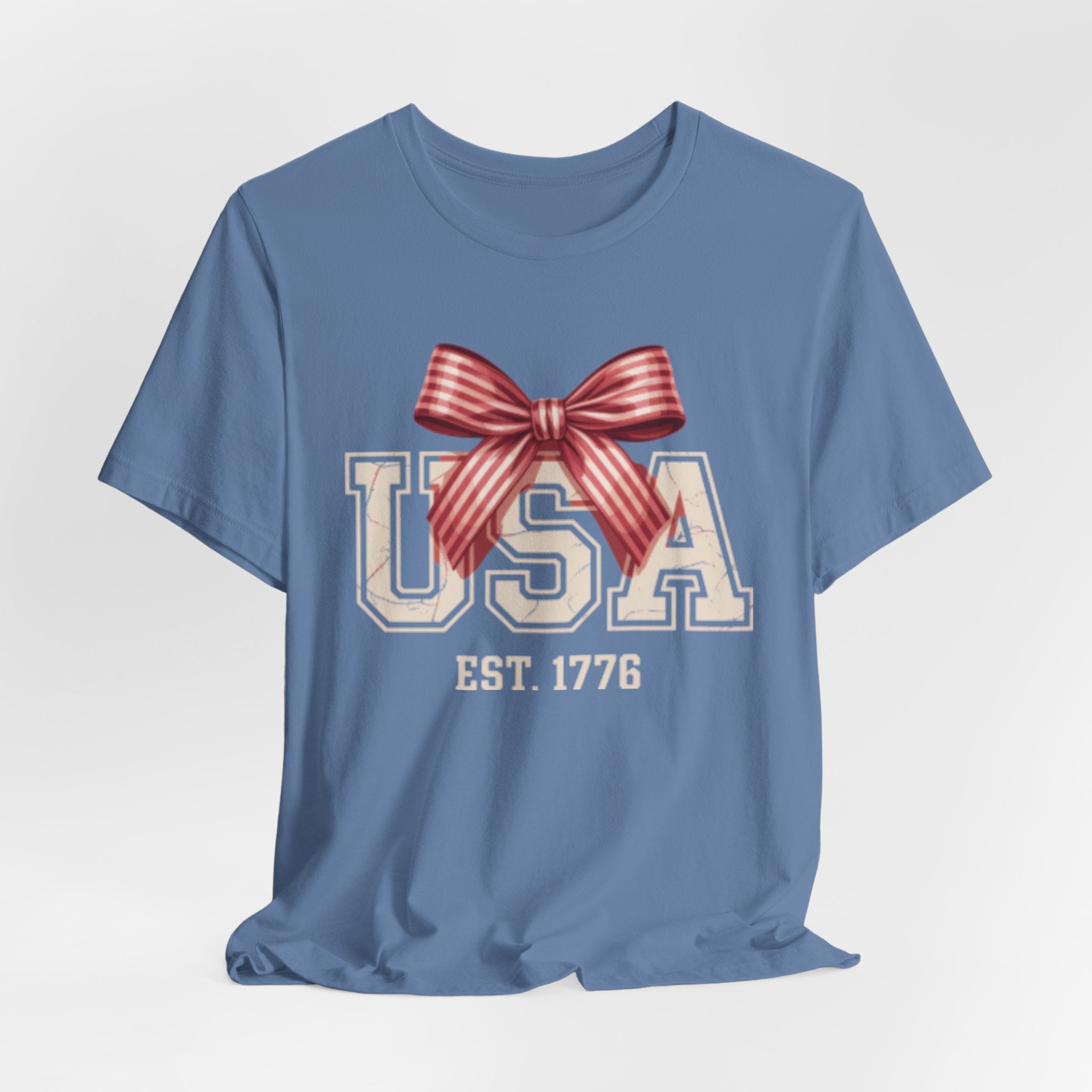 USA EST 1776 bow Fourth of July graphic Tee | Patriotic Fourth of July shirt
