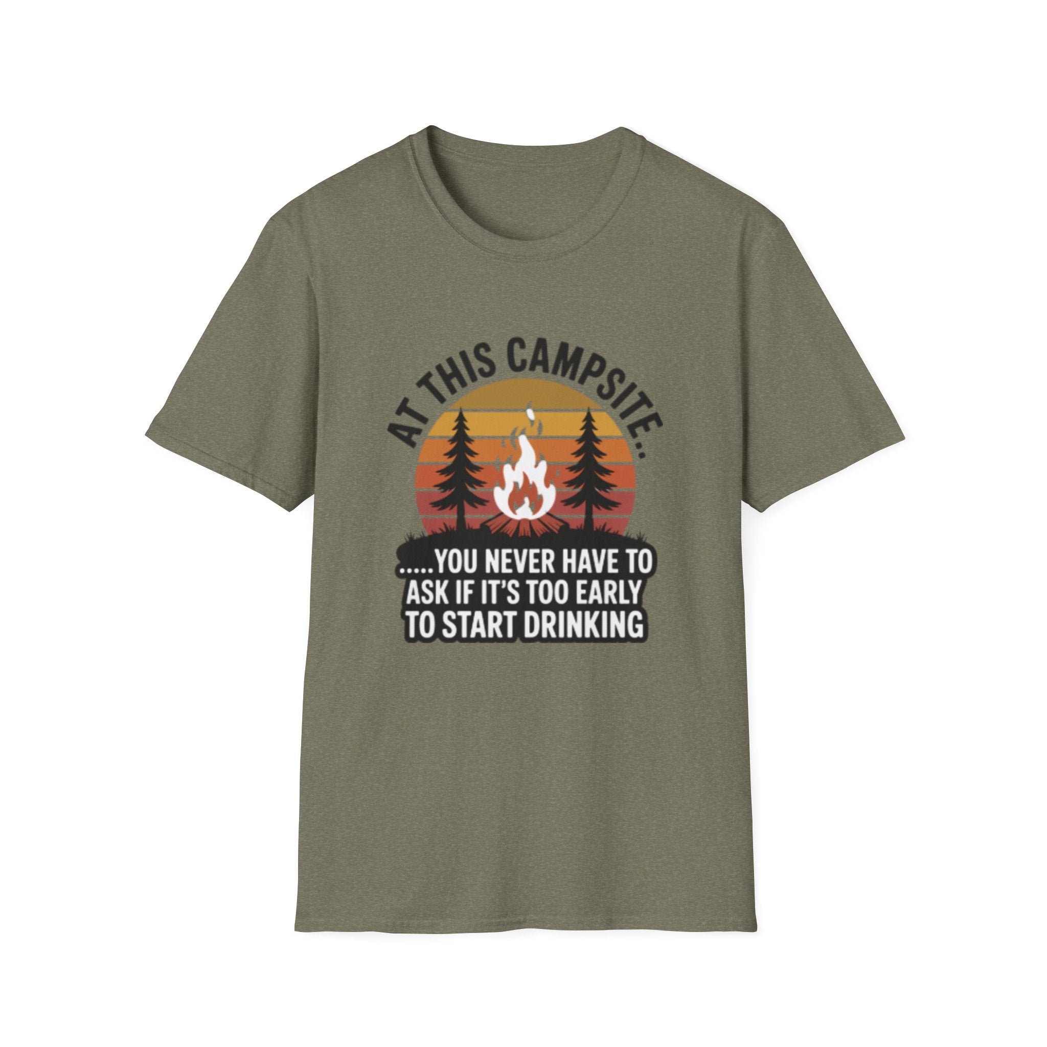 Camping T-Shirt — "At This Campsite... You Never Have To Ask If It’s Too Early To Start Drinking" Retro Campfire Tee