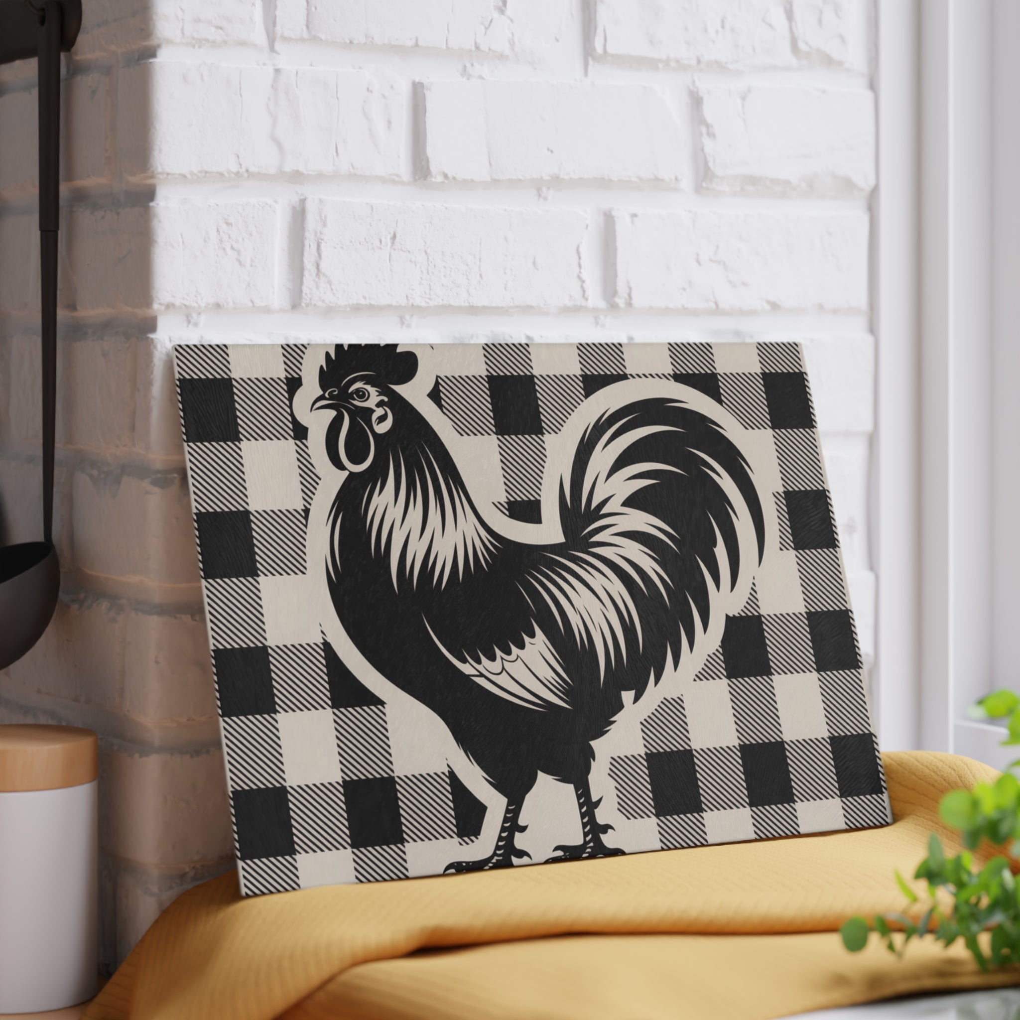 Rooster Silhouette Glass Cutting Board | Buffalo Check Background