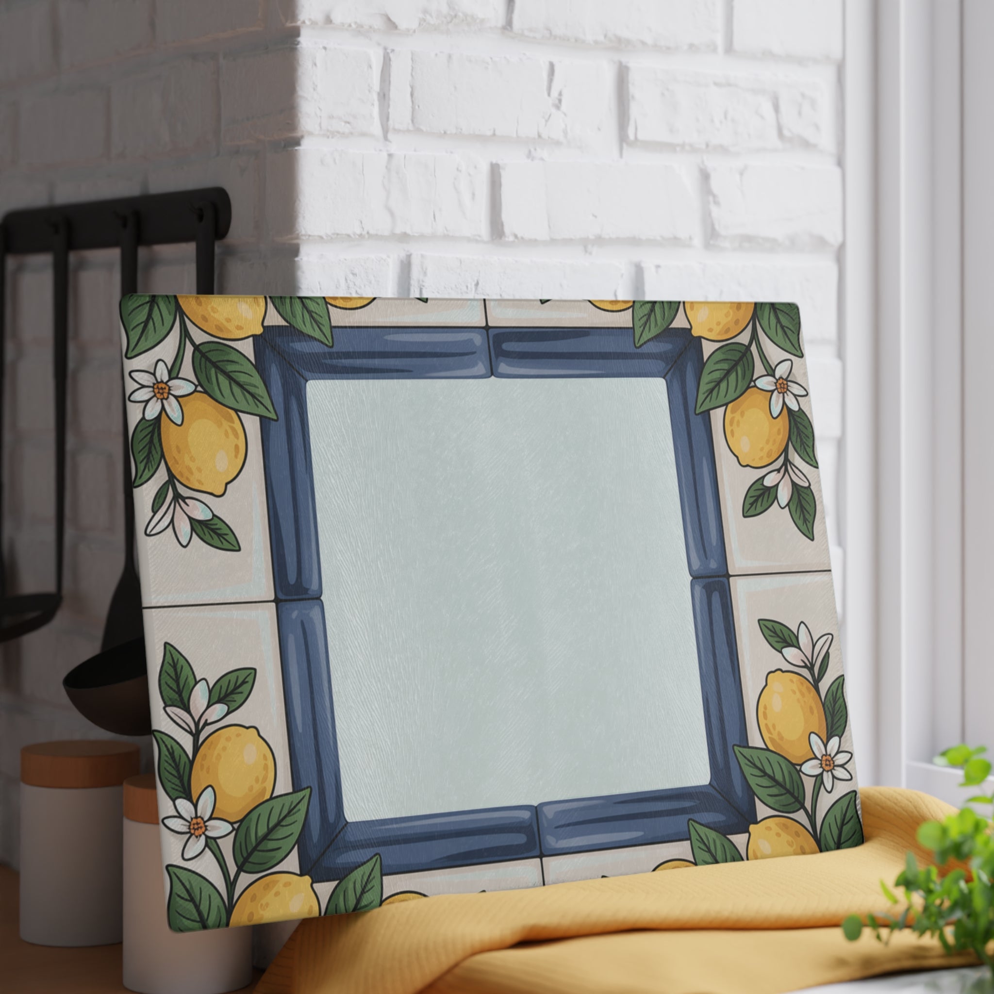 Lemon Tile Border Glass Cutting Board | Citrus Kitchen Decor