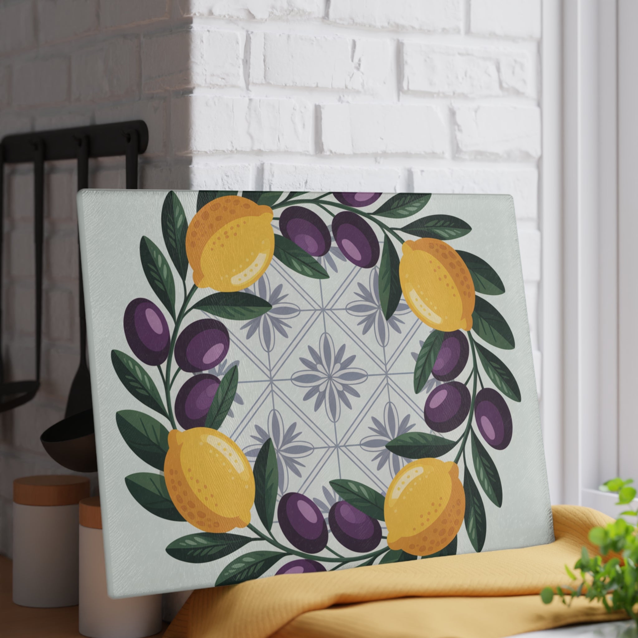 Lemon Olive Wreath Glass Cutting Board | Mediterranean Tile