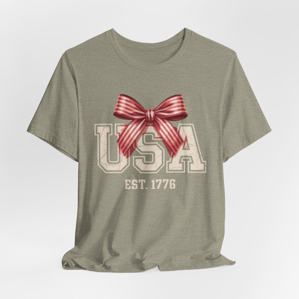USA EST 1776 bow Fourth of July graphic Tee | Patriotic Fourth of July shirt