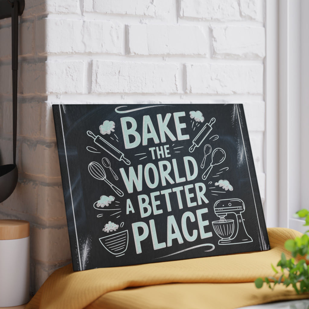 Bake the World a Better Place Glass Cutting Board | Baking Quote