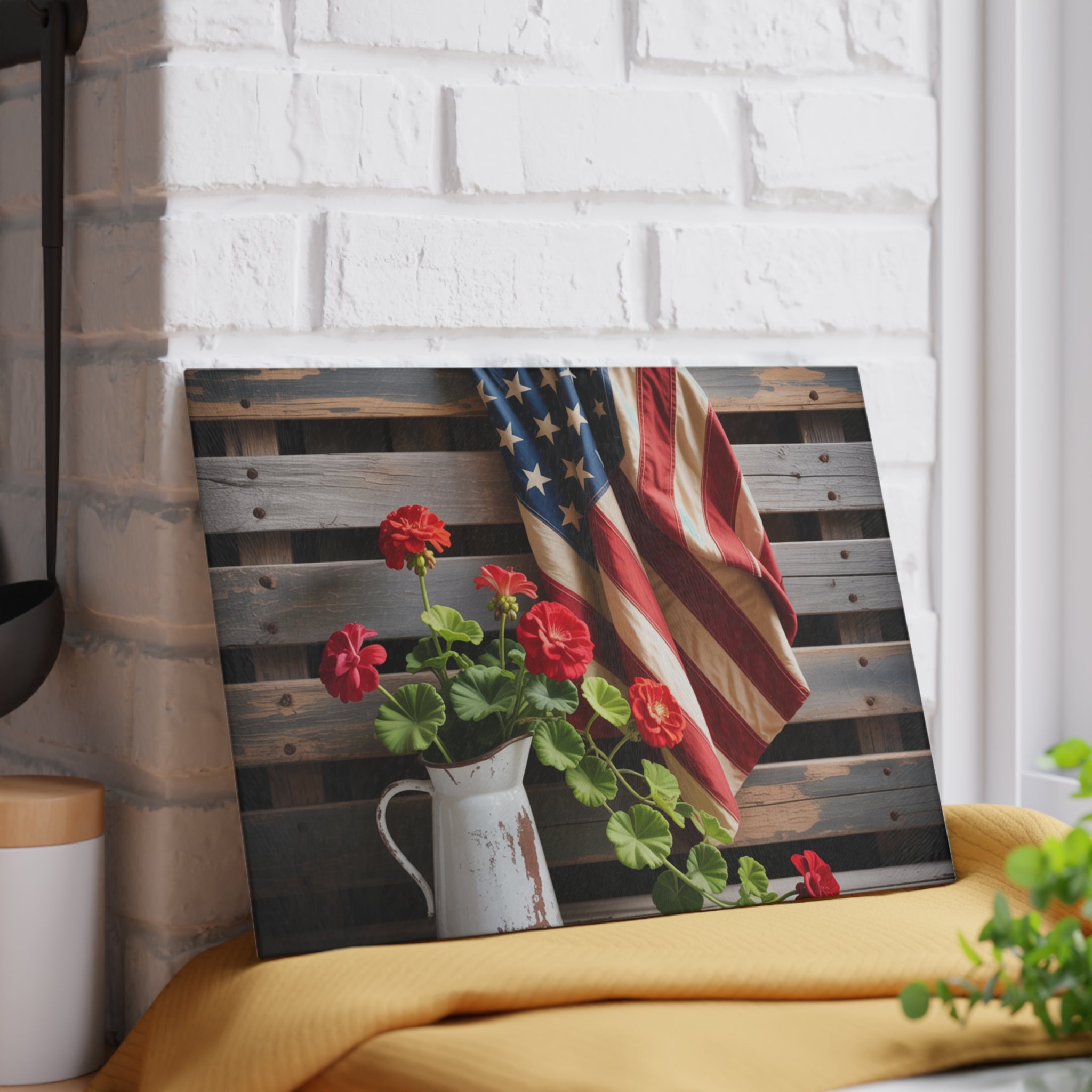 American Flag with Red Geraniums Glass Cutting Board | Patriotic Kitchen Decor