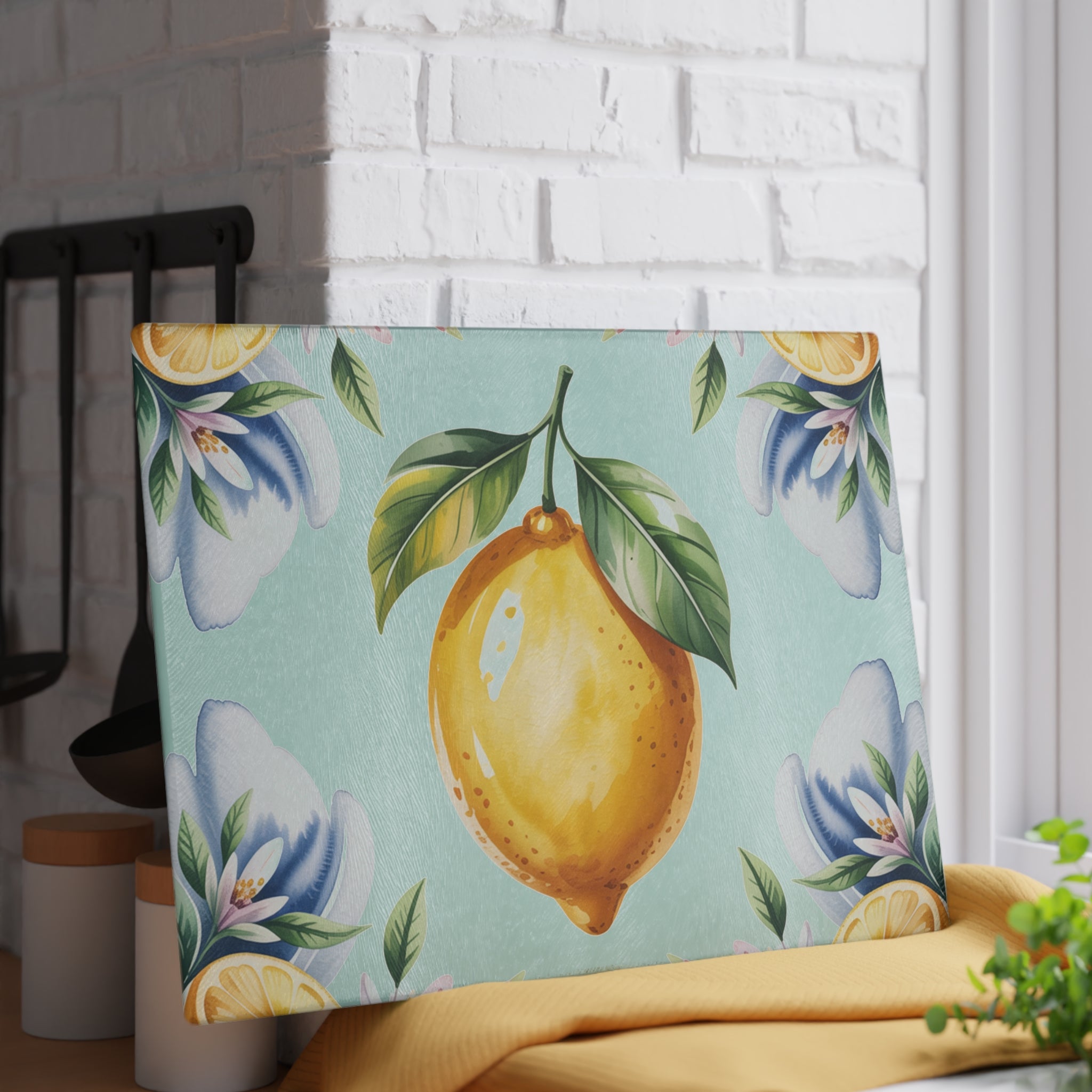 Lemon Watercolor Pattern Glass Cutting Board | Citrus Kitchen Decor