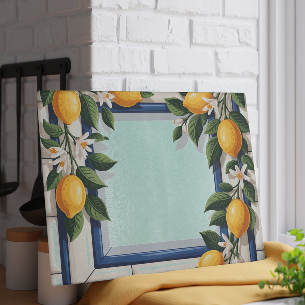 Lemon Border Window Glass Cutting Board | Citrus Kitchen Decor