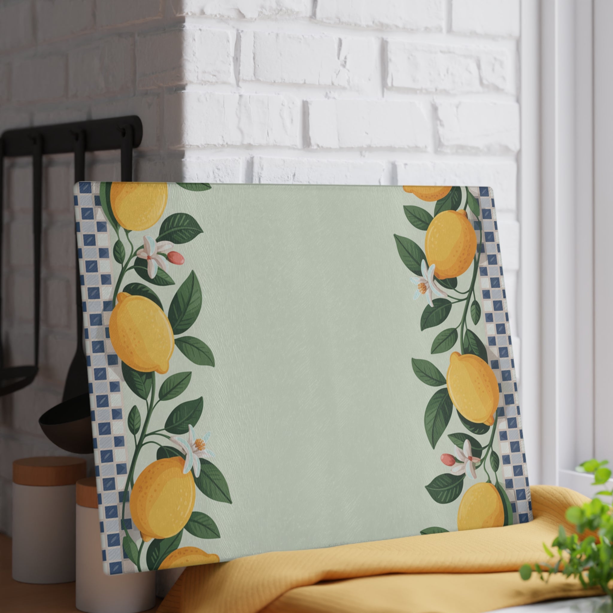 Lemon Border Glass Cutting Board | Checkered Edge, Citrus Kitchen Decor