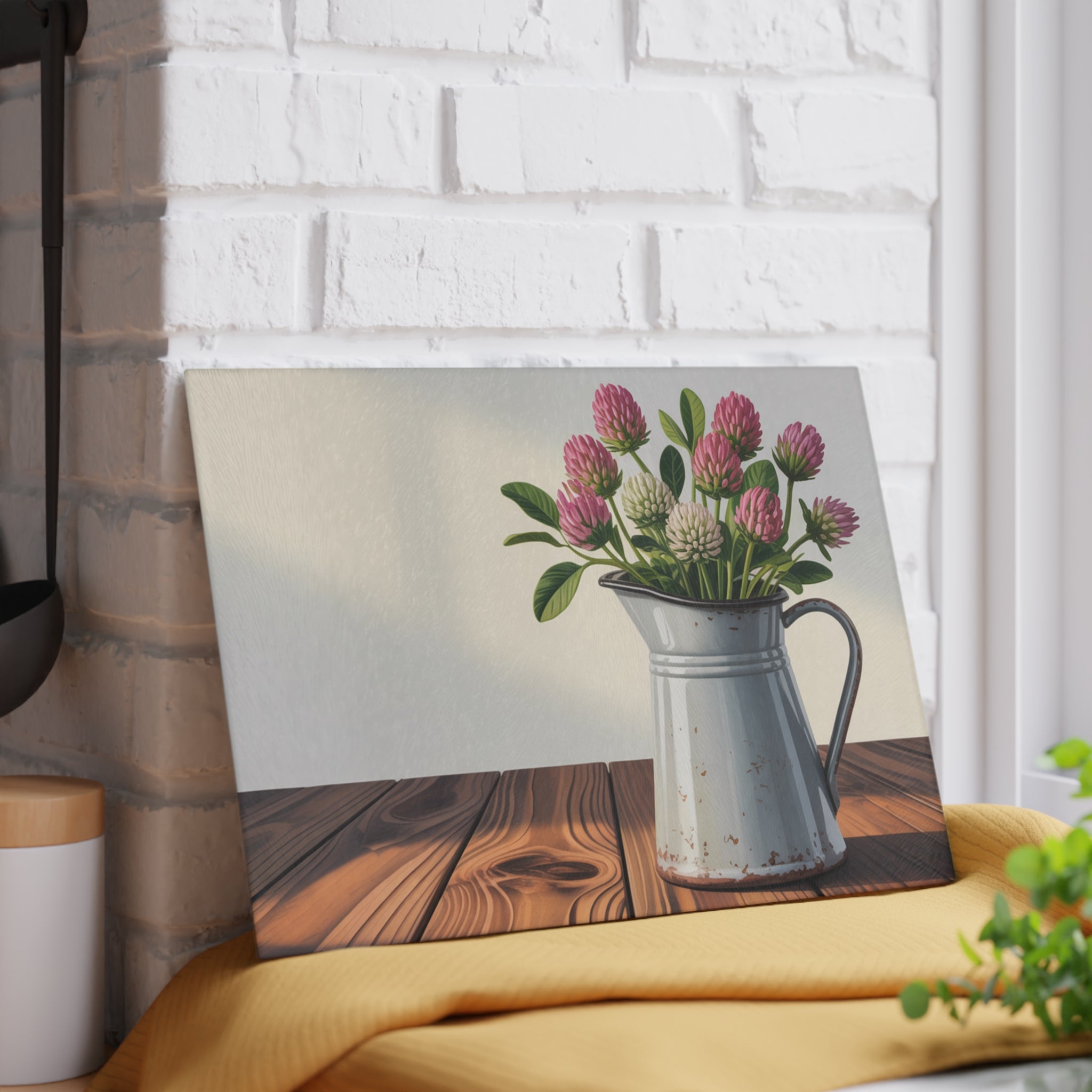 Vintage Pitcher with Clover Bouquet Glass Cutting Board | Floral Kitchen Decor