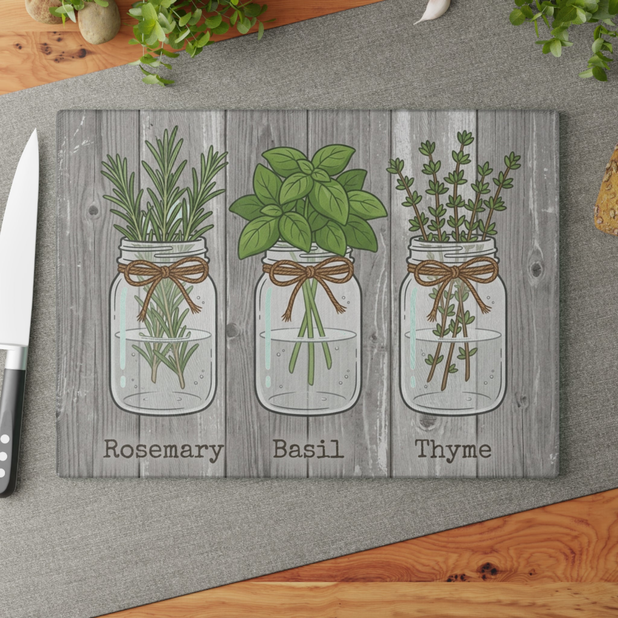 Mason Jar Herbs Rosemary Basil Thyme Glass Cutting Board | Kitchen Decor