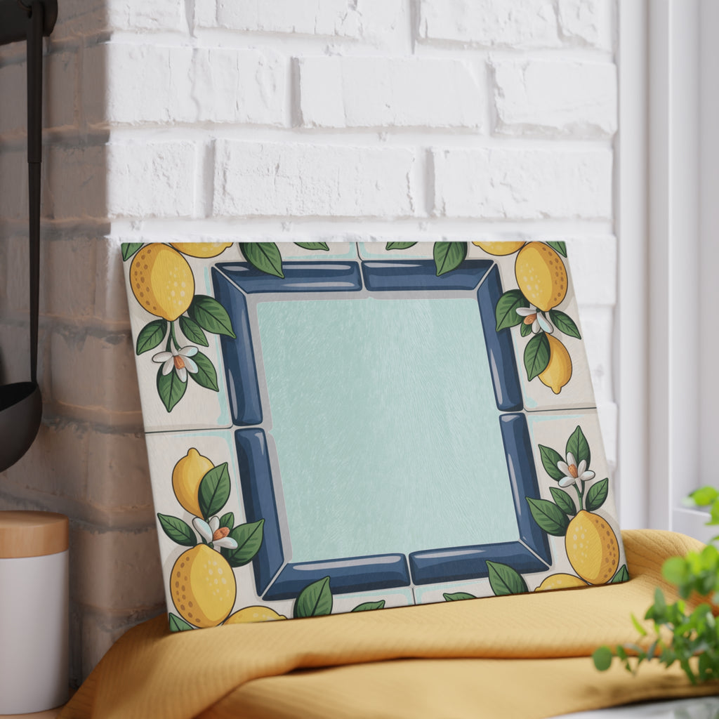 Lemon Tile Border Glass Cutting Board | Citrus Kitchen Decor