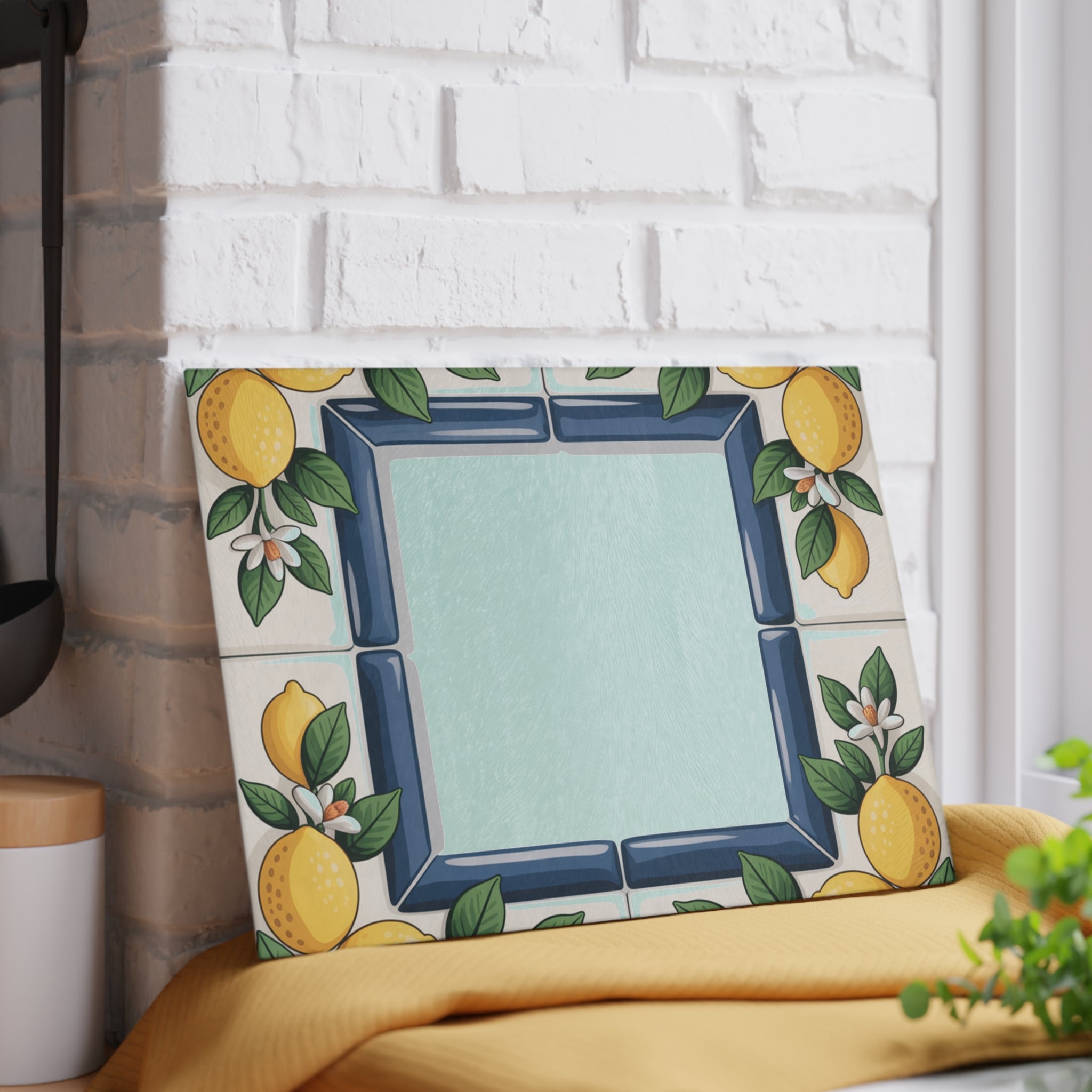 Lemon Tile Border Glass Cutting Board | Citrus Kitchen Decor