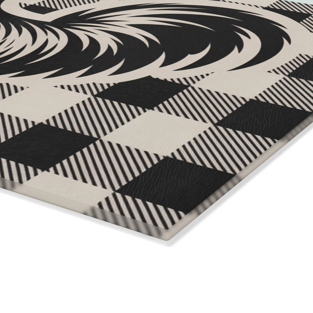 Rooster Silhouette Glass Cutting Board | Buffalo Check Background