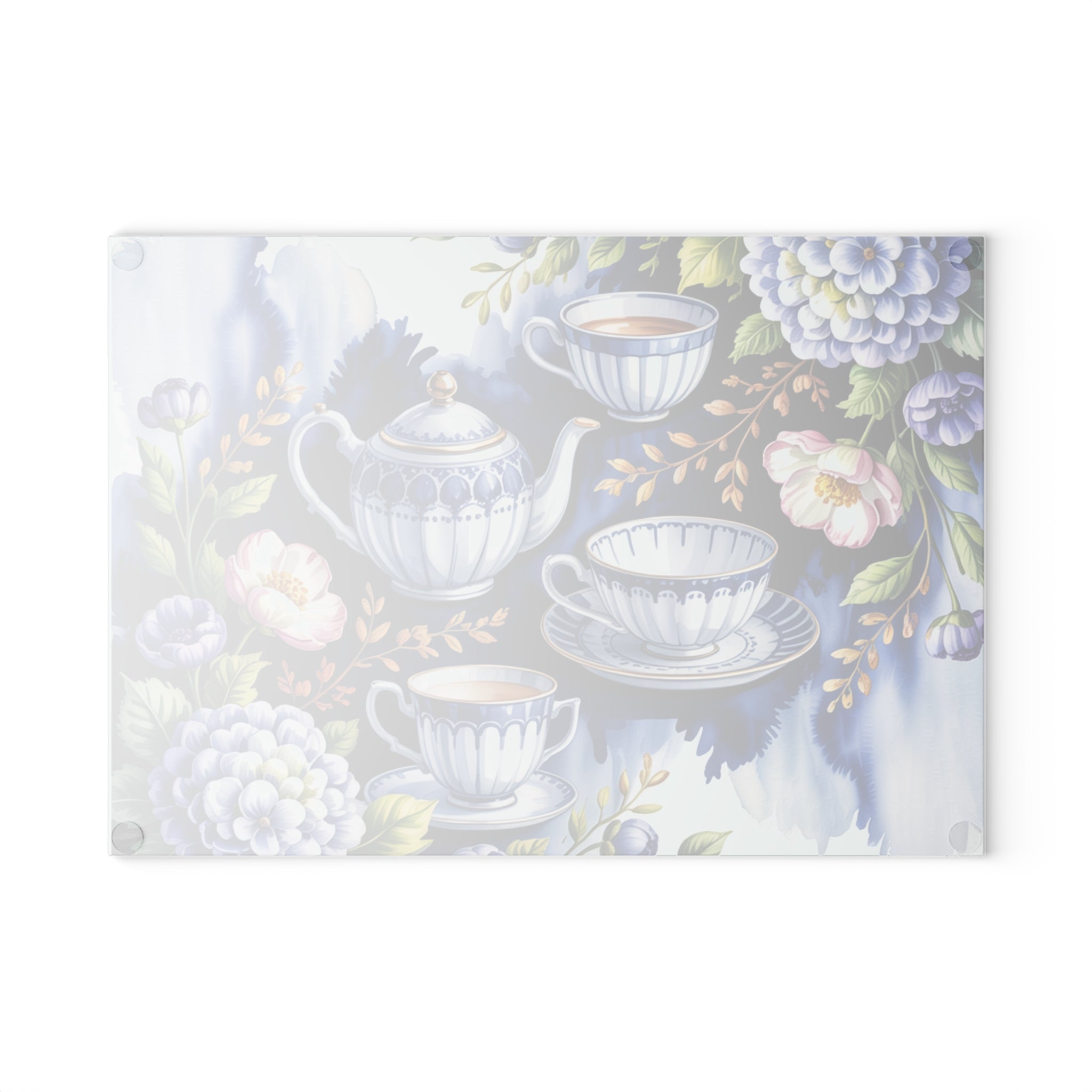 Blue Teapot and Teacups Glass Cutting Board | Floral Tea Set