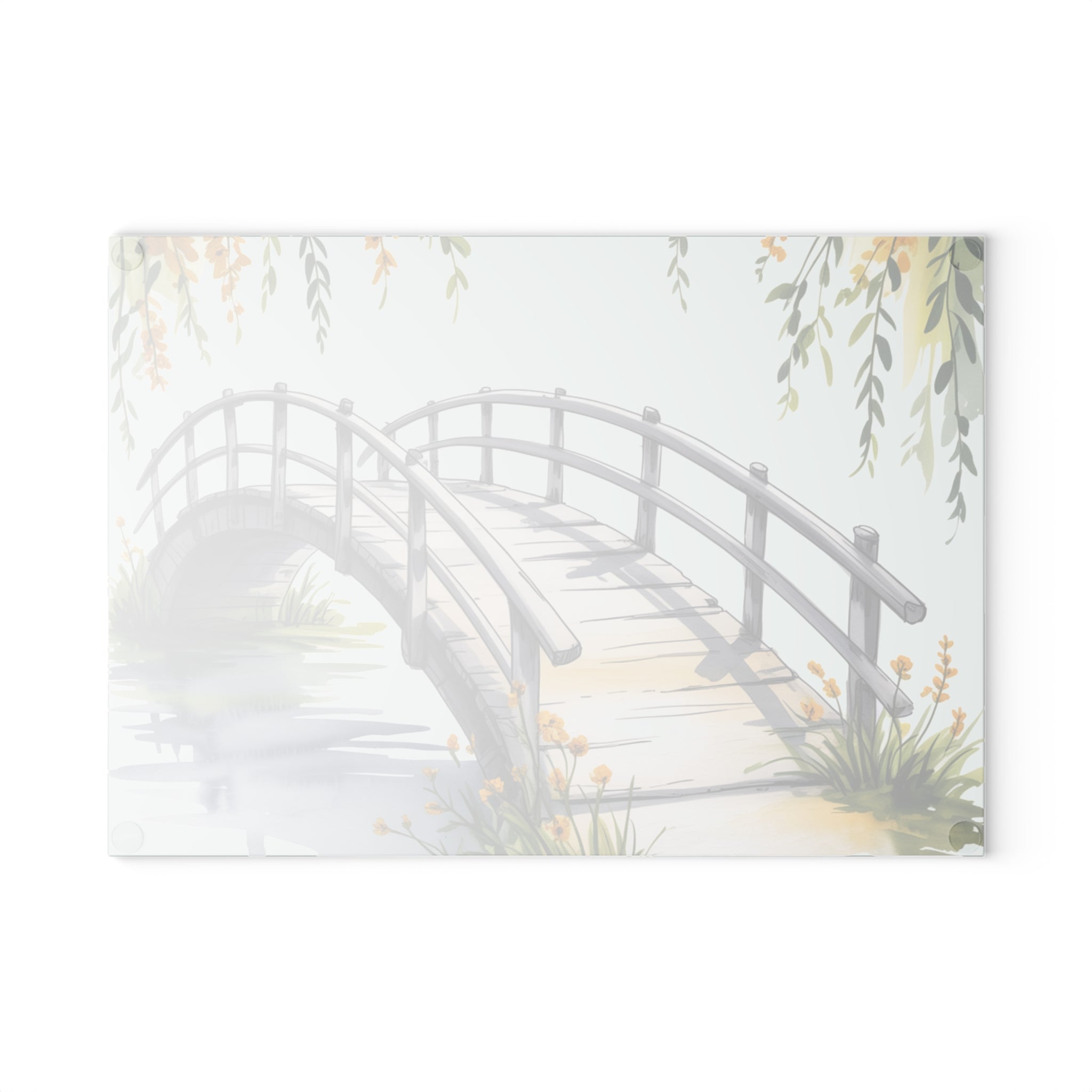Watercolor Arched Bridge Glass Cutting Board | Scenic Kitchen Decor