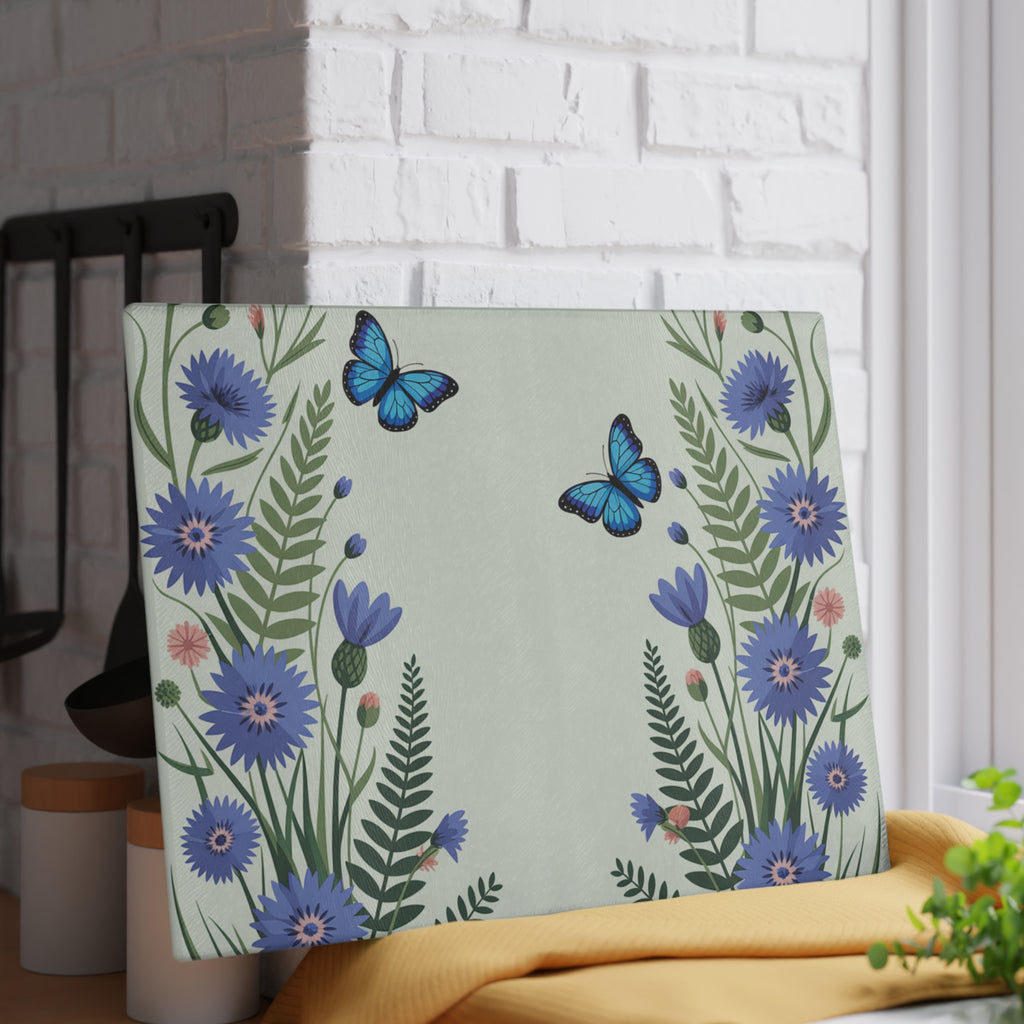 Blue Butterfly Floral Glass Cutting Board | Kitchen Decor