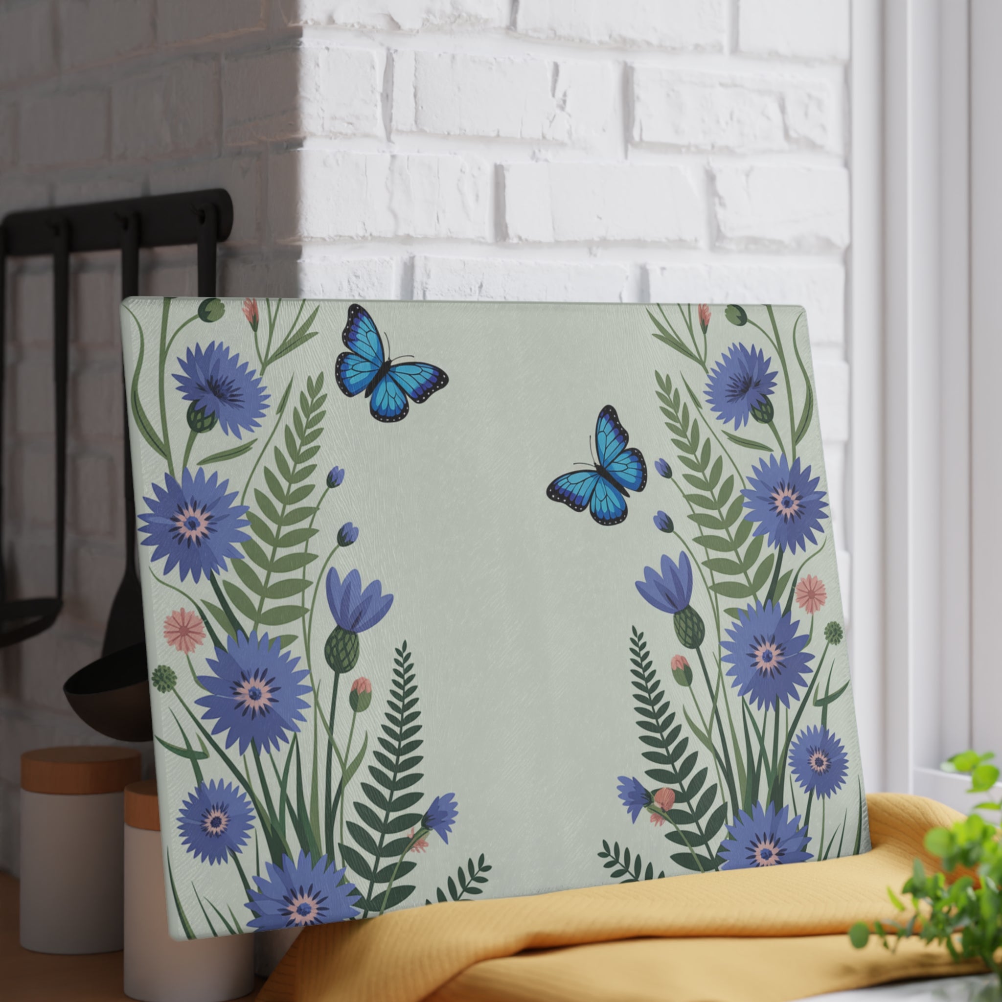 Blue Butterfly Floral Glass Cutting Board | Kitchen Decor