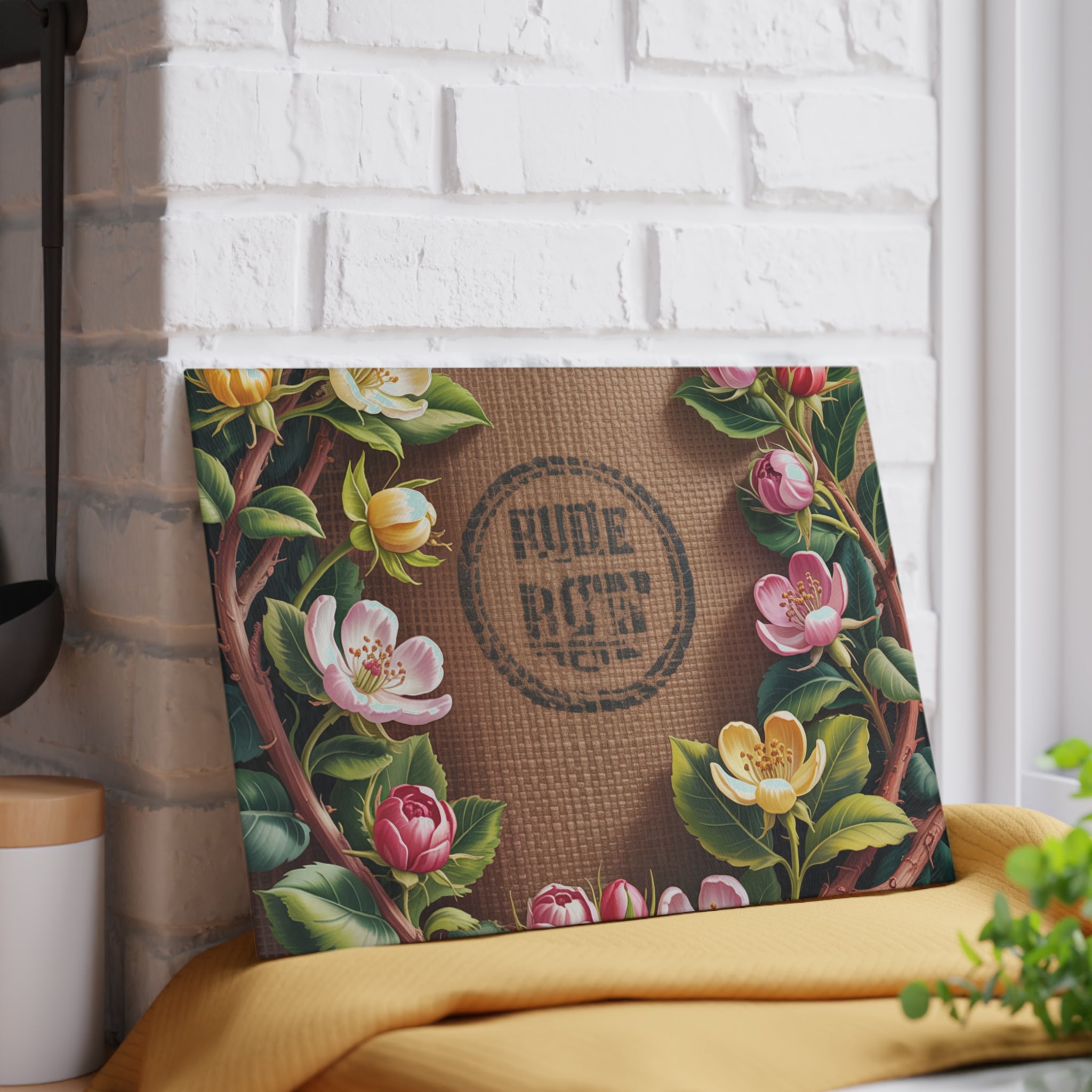 Floral Wreath Glass Cutting Board | Vintage Botanical Kitchen Decor