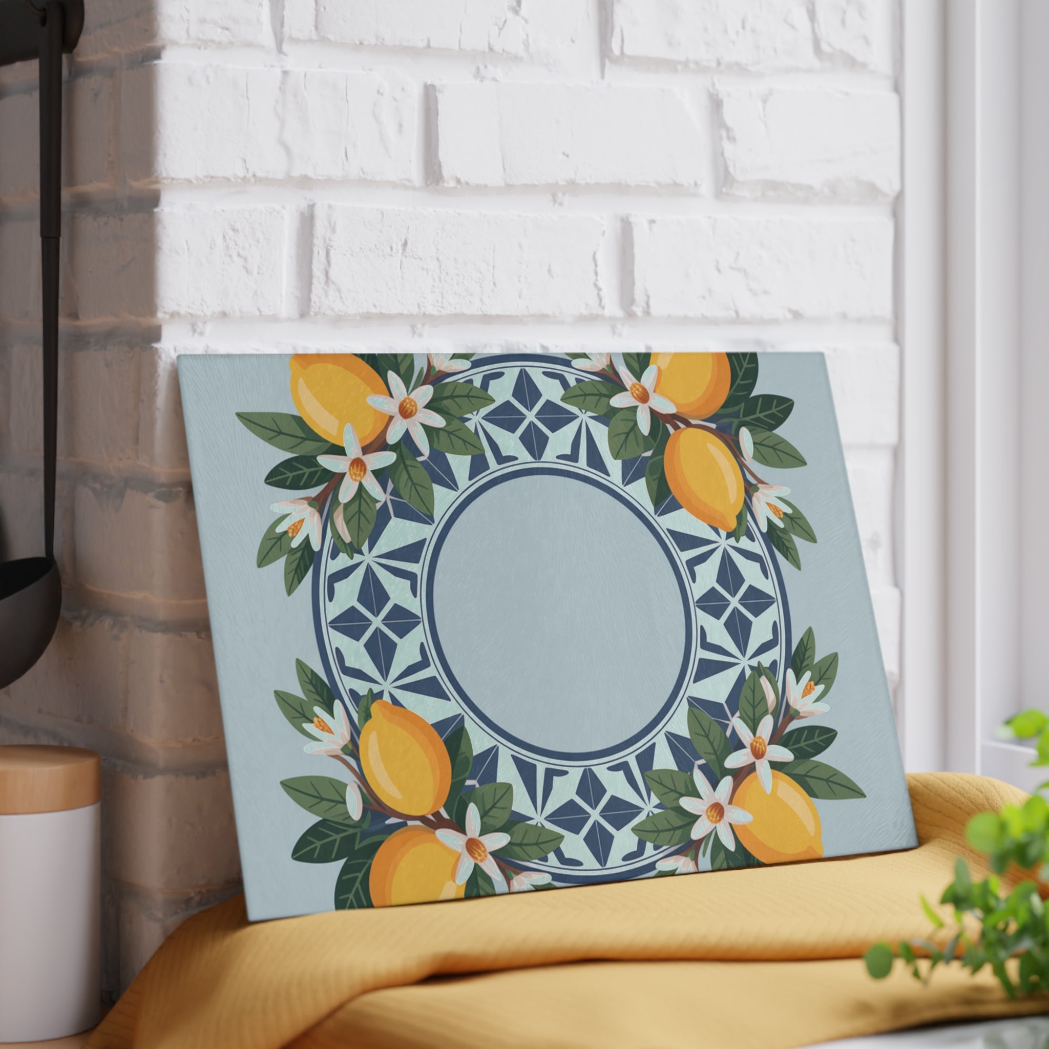 Lemon Tile Wreath Glass Cutting Board | Citrus Kitchen Decor