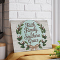 Faith Family & Southern Grace Glass Cutting Board | Cotton Wreath Kitchen Decor