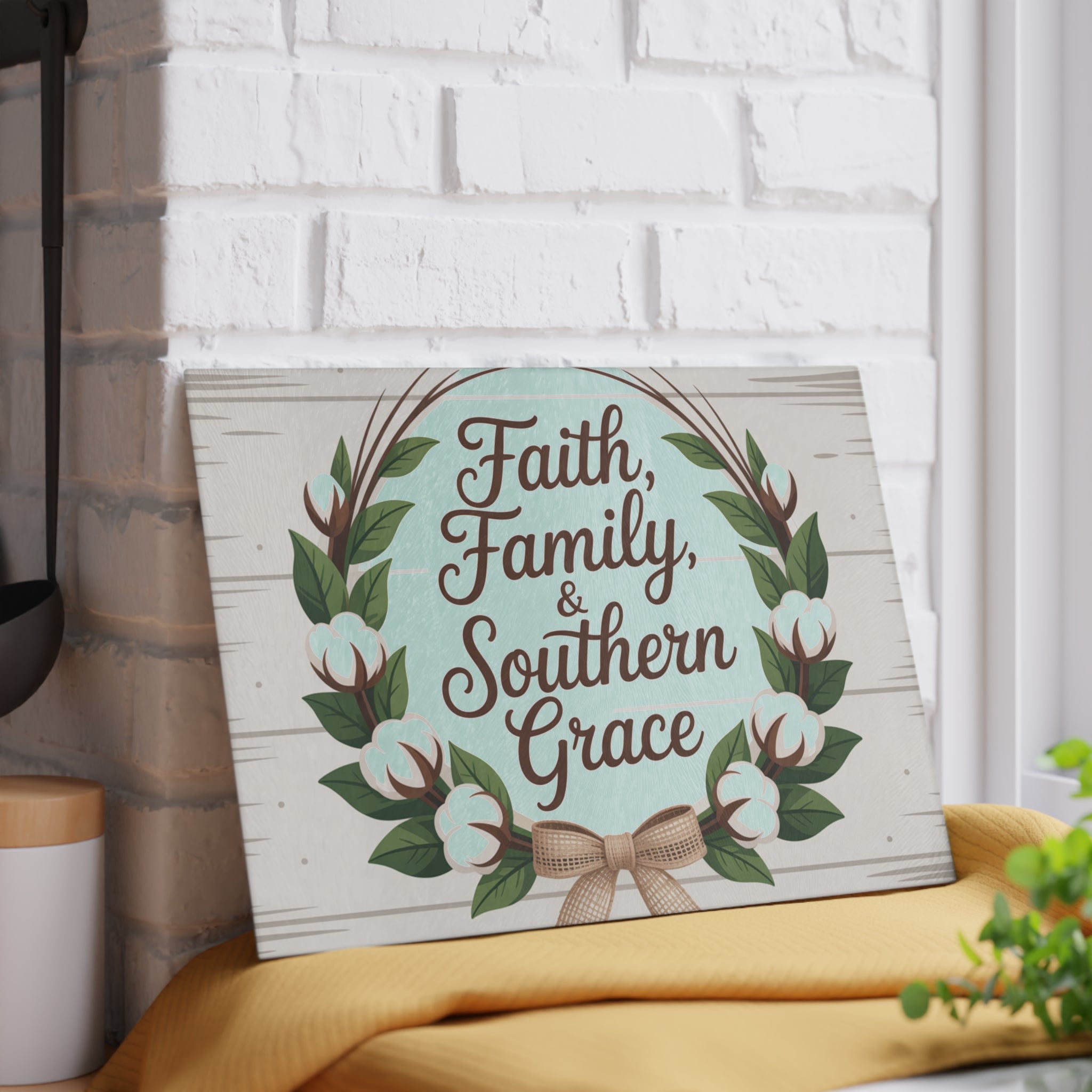 Faith Family & Southern Grace Glass Cutting Board | Cotton Wreath Kitchen Decor