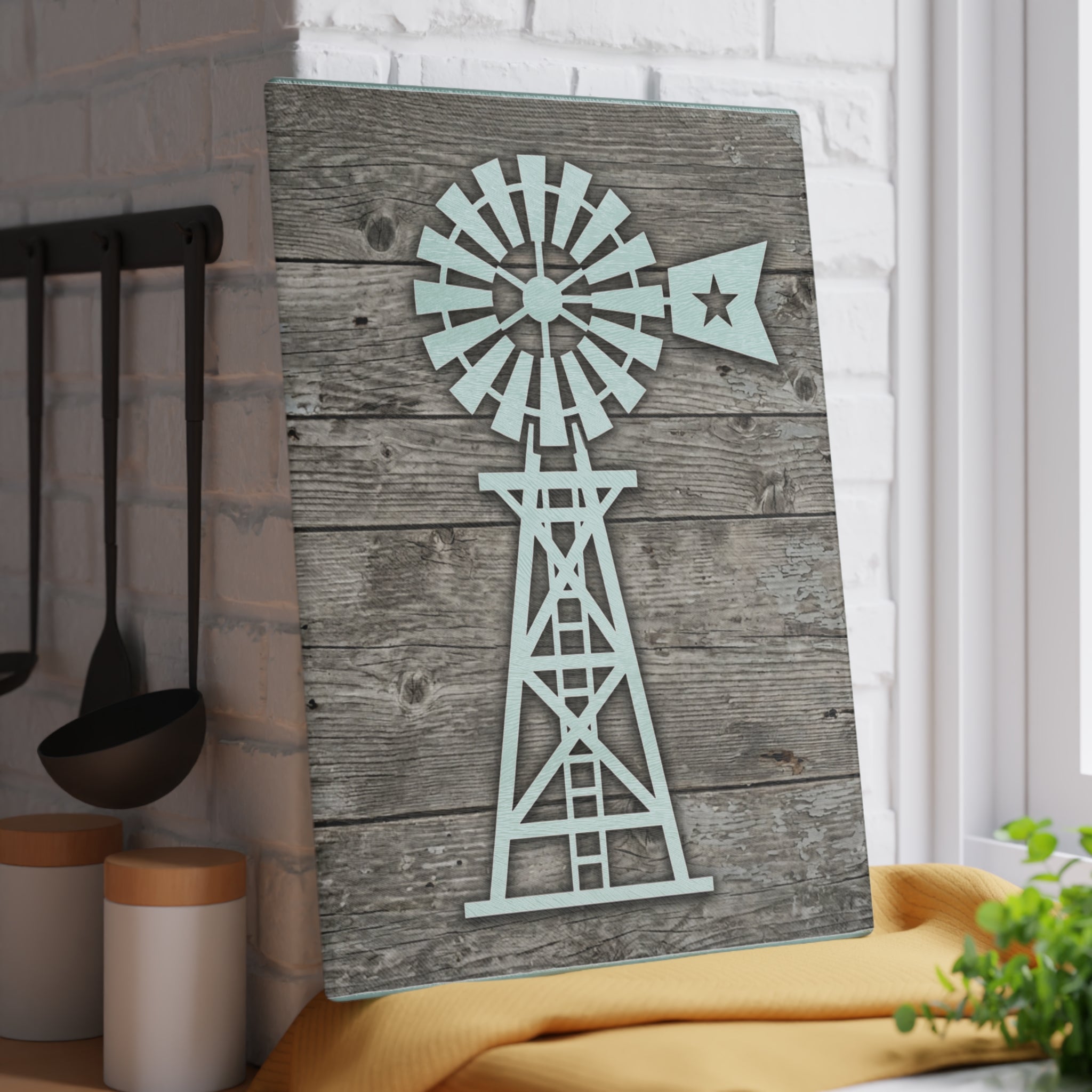 Windmill Rustic Farm Barn Wood Glass Cutting Board | Floral Kitchen Decor