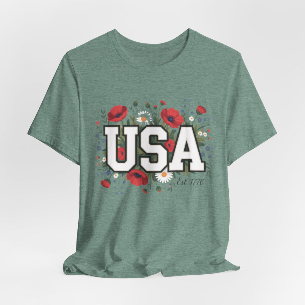 USA Floral Fourth of July Graphic Tee | Patriotic Poppy Design