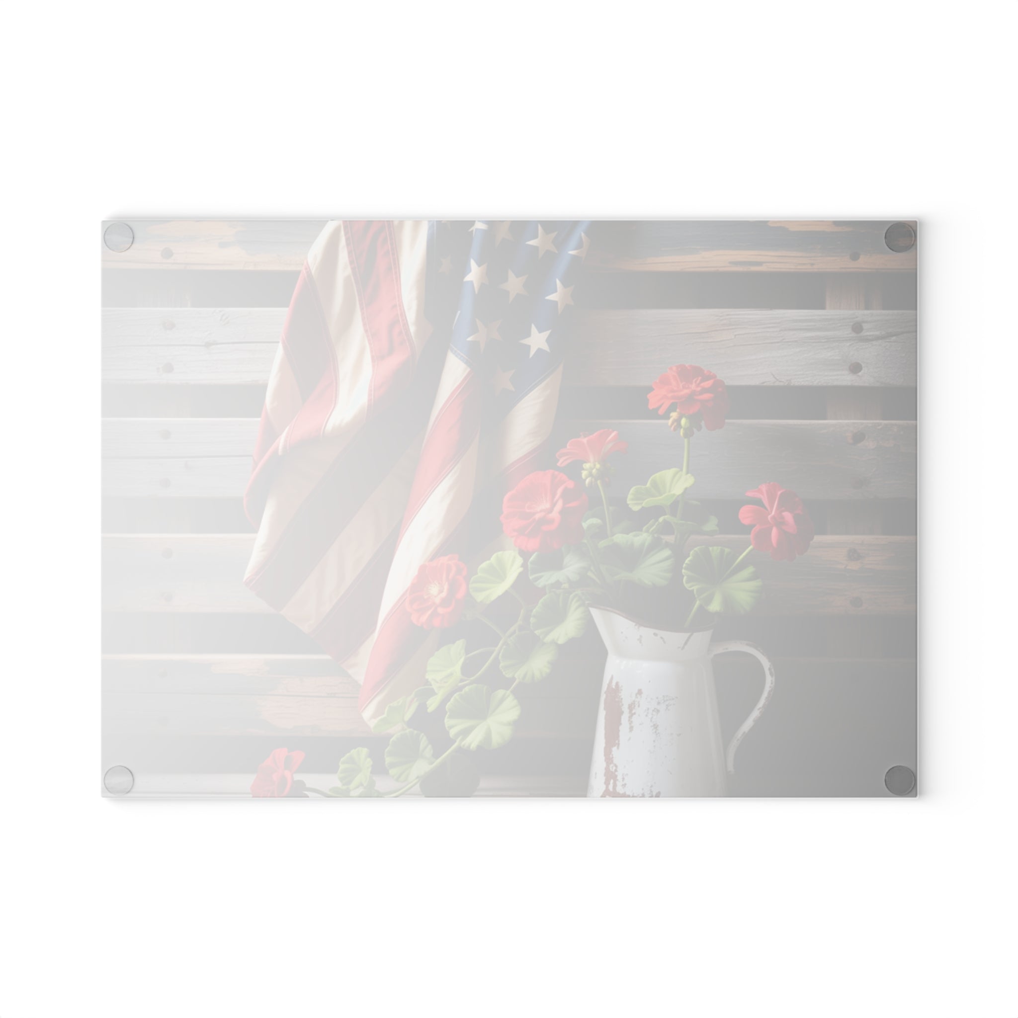American Flag with Red Geraniums Glass Cutting Board | Patriotic Kitchen Decor