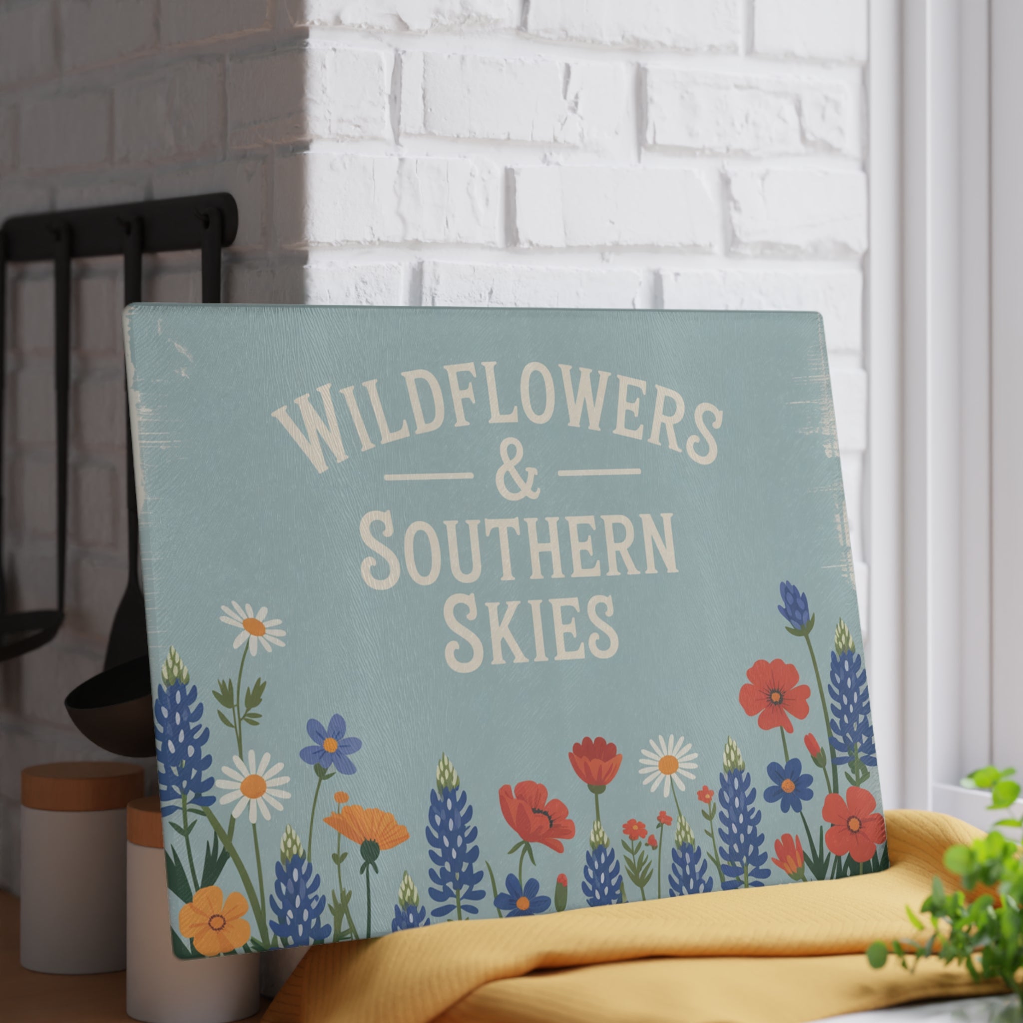 Wildflowers & Southern Skies Glass Cutting Board | Floral Kitchen Decor