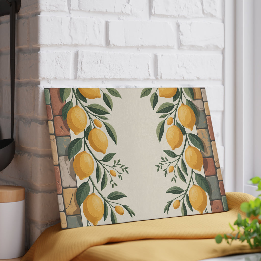Lemon Vine Pattern Glass Cutting Board | Citrus Kitchen Decor
