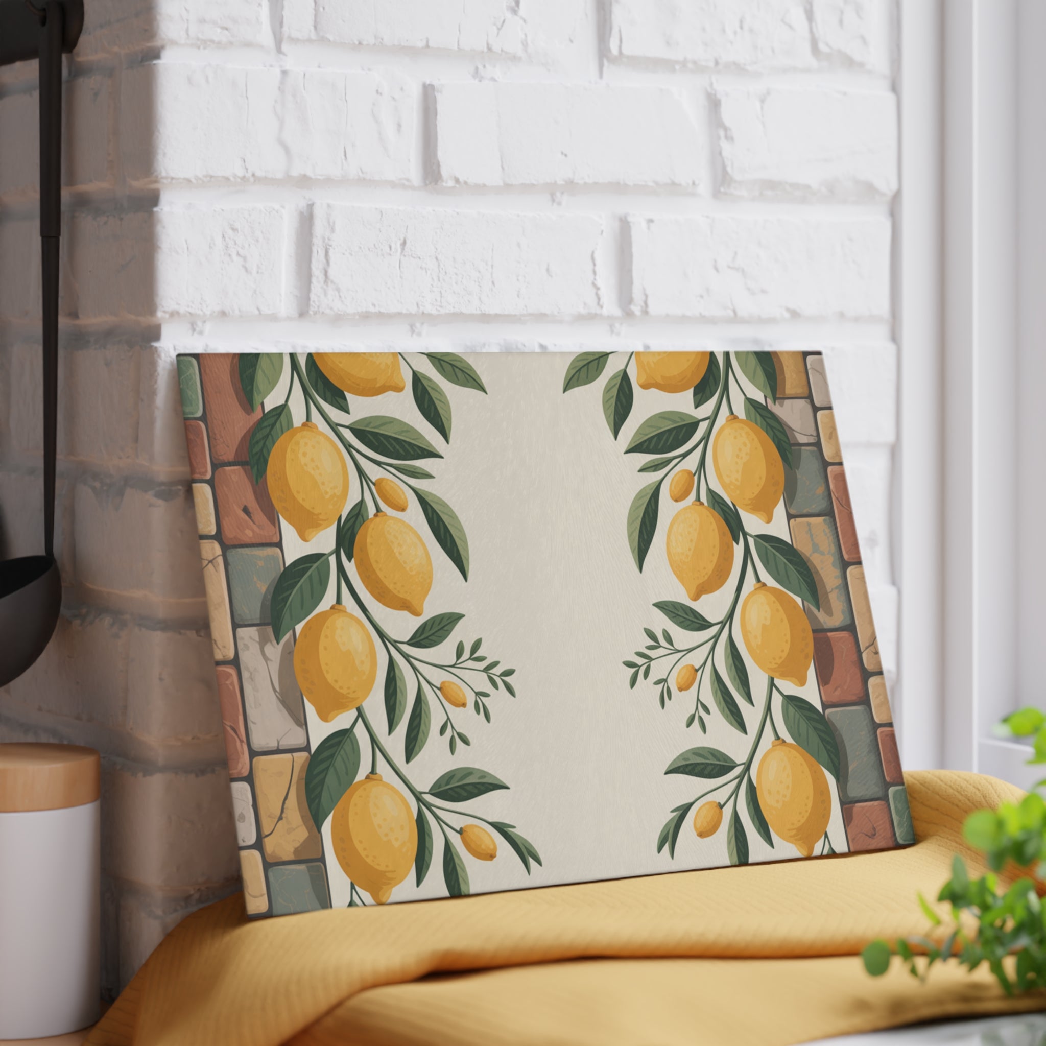 Lemon Vine Pattern Glass Cutting Board | Citrus Kitchen Decor