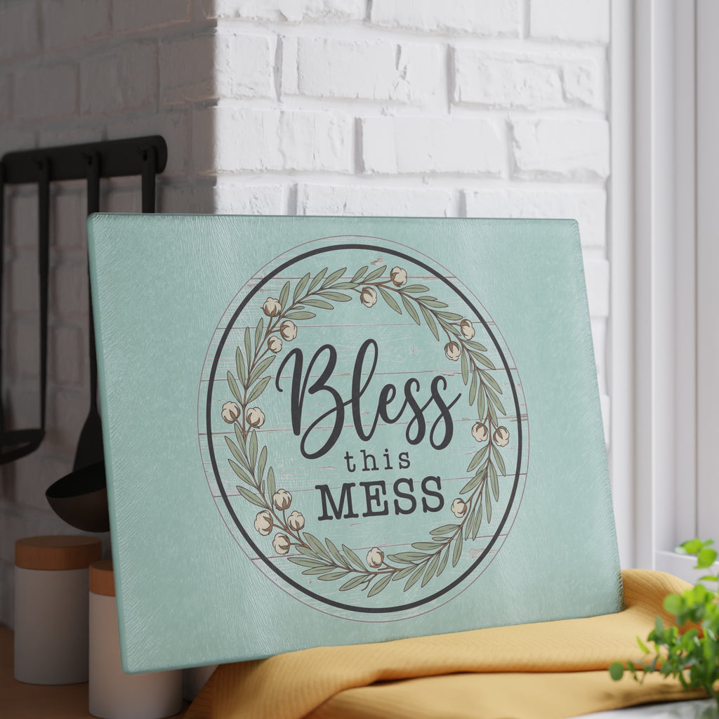 Bless This Mess Glass Cutting Board | Floral Wreath Kitchen Decor