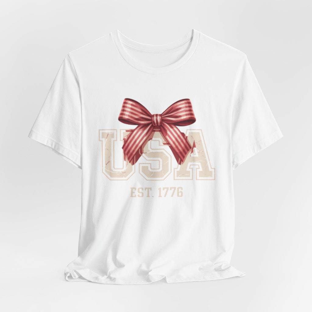 USA EST 1776 bow Fourth of July graphic Tee | Patriotic Fourth of July shirt
