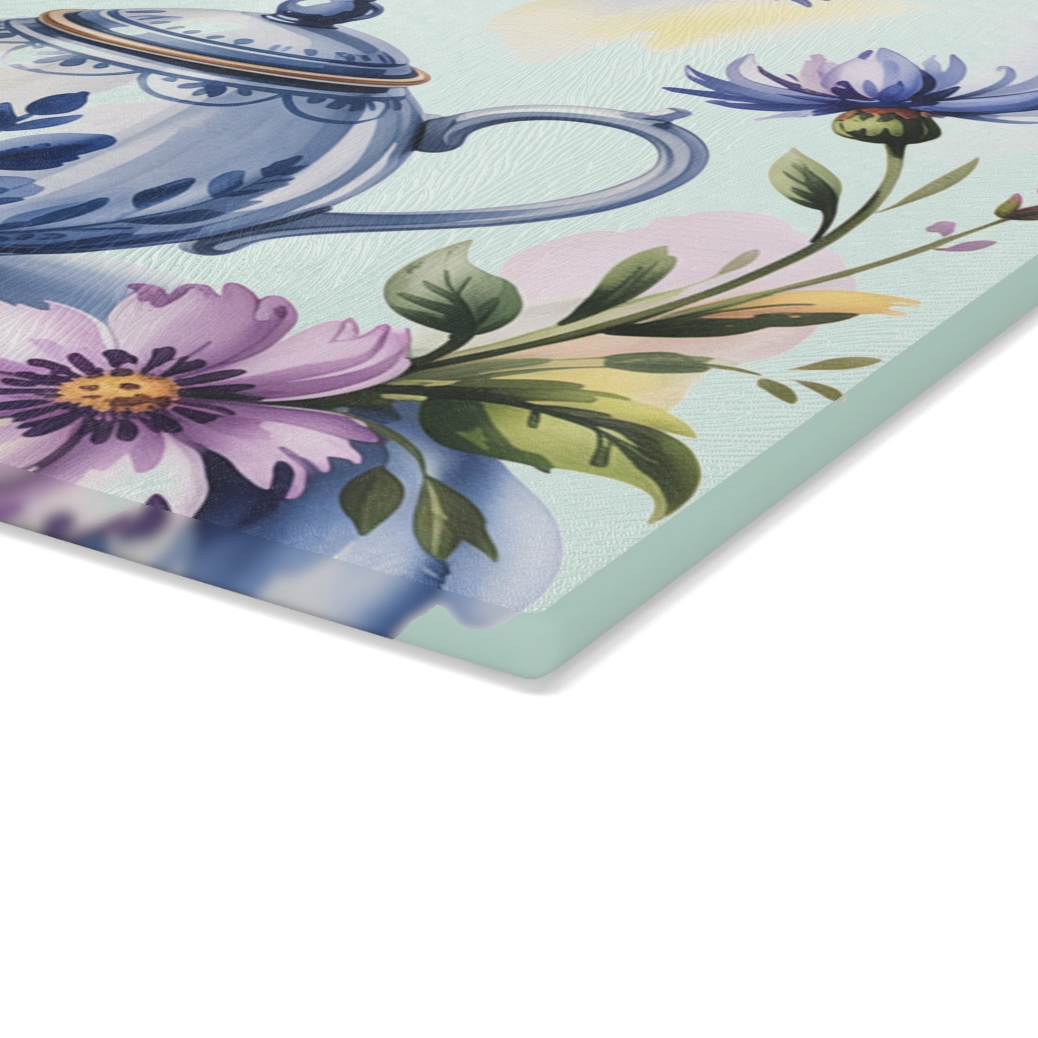 Blue Floral Teapot and Teacup Glass Cutting Board | Kitchen Decor