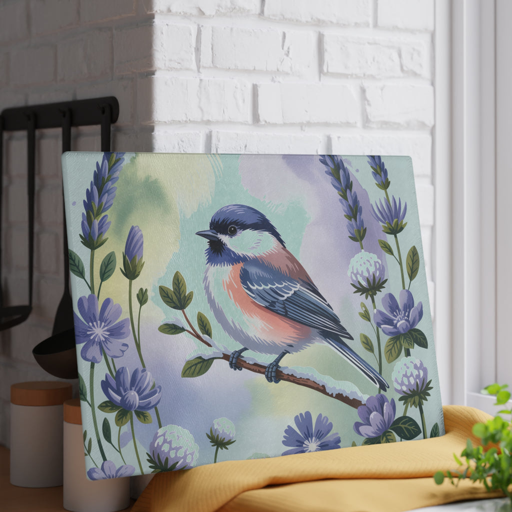 Chickadee Bird Illustration Glass Cutting Board | Floral Lavender Kitchen