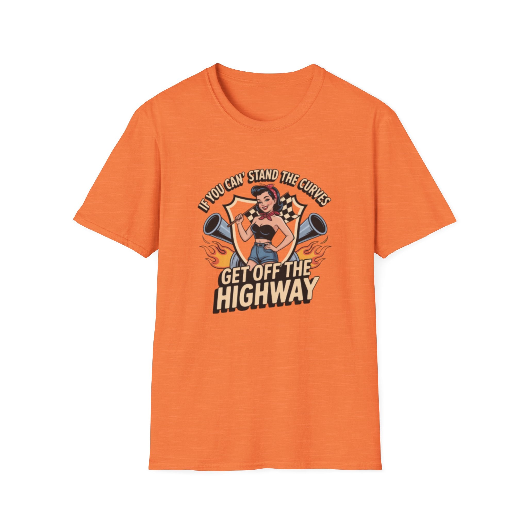 T-Shirt — “If You Can Stand the Curves, Get Off the Highway” Pin-Up Racing Tee