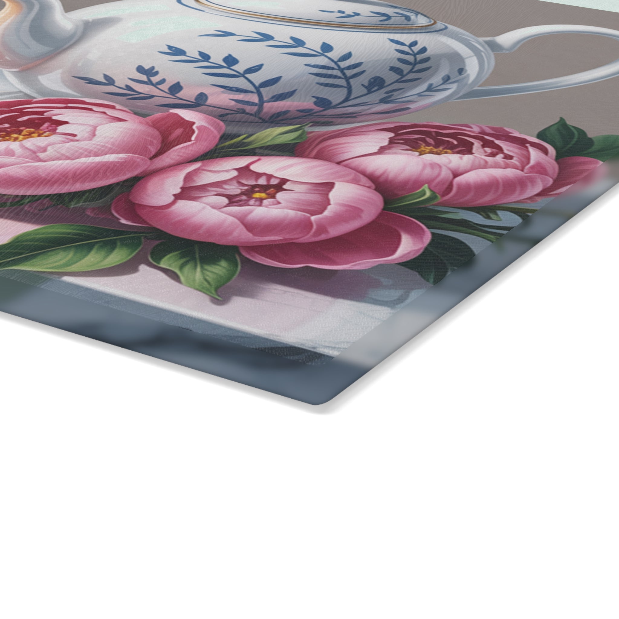 Teapot and Peonies Glass Cutting Board | Floral Tea Still Life