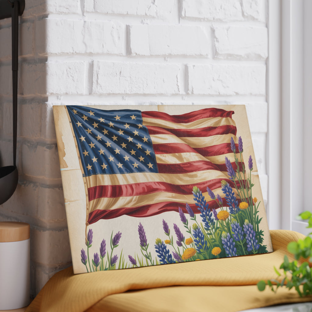 American Flag with Wildflowers Glass Cutting Board | Patriotic Kitchen