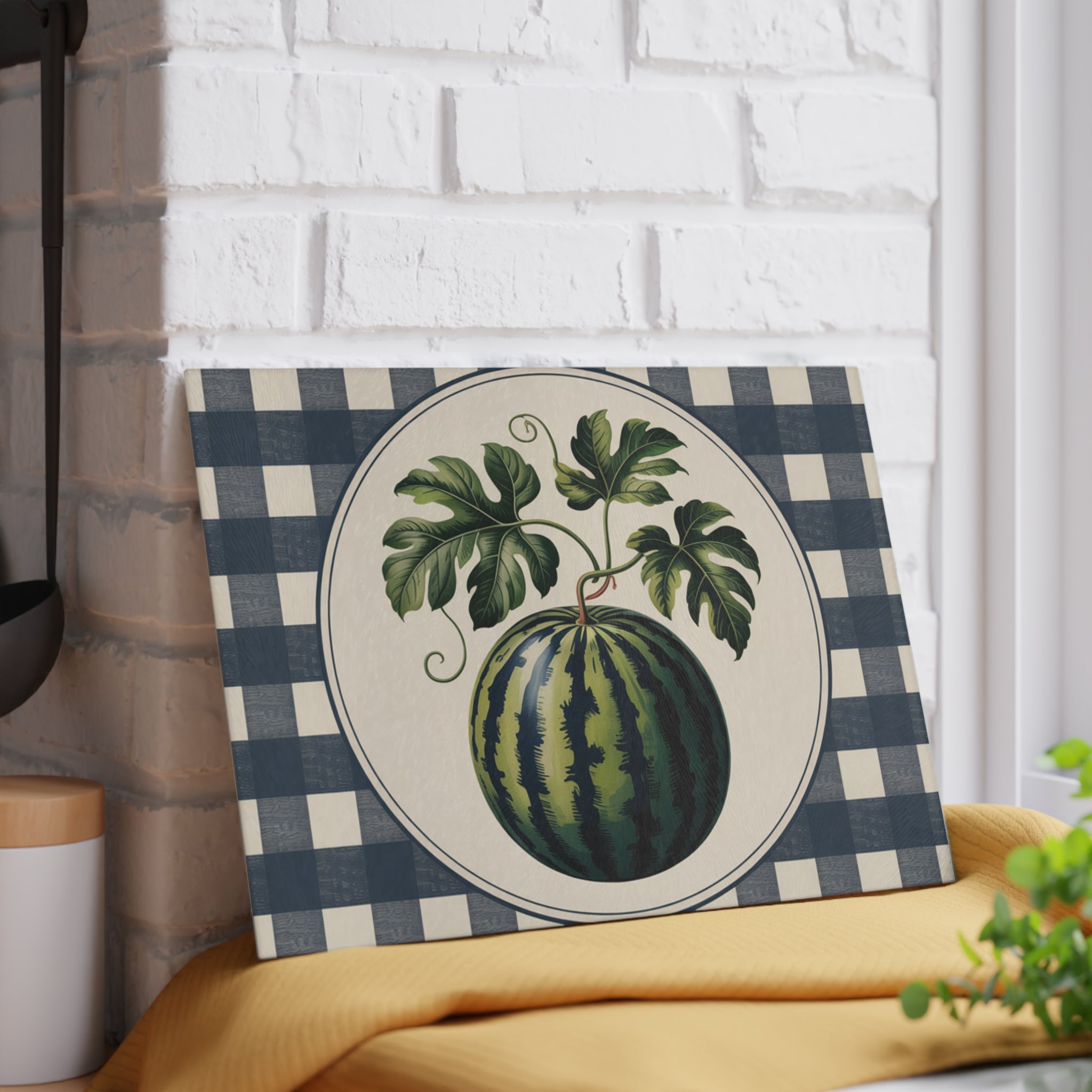 Vintage Watermelon Illustration Glass Cutting Board | Buffalo Check