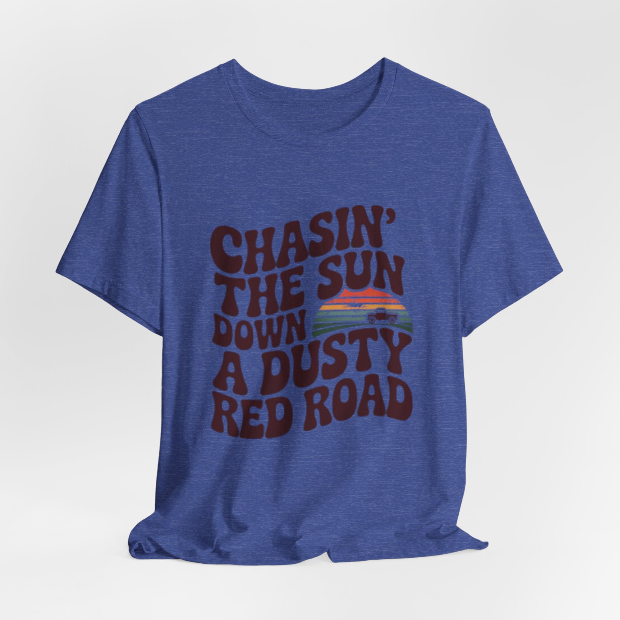 Retro 'Chasin' The Sun' Graphic Tee — Dusty Red Road Vintage Sunset T-Shirt