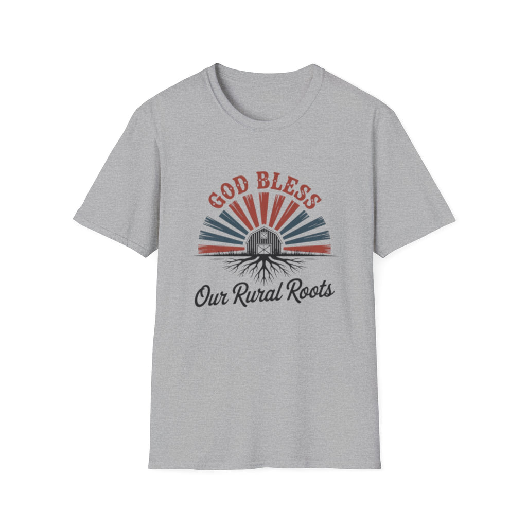 God Bless Our Rural Roots T-Shirt | Farm Barn Sunrise Tee