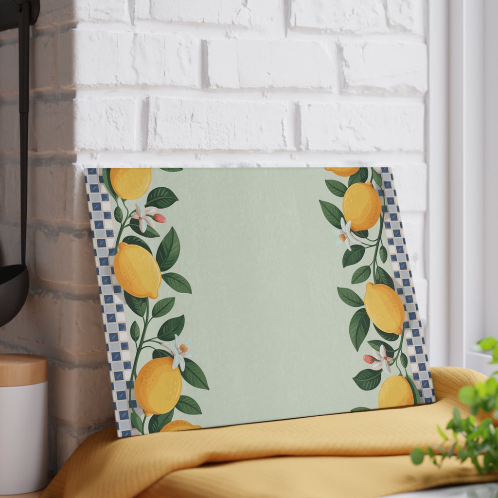 Lemon Border Glass Cutting Board | Checkered Edge, Citrus Kitchen Decor