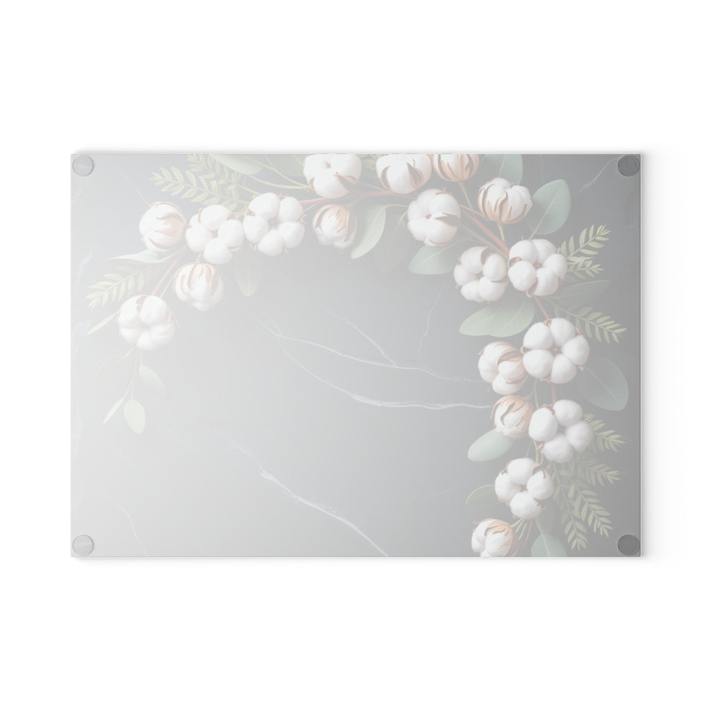 Cotton Stem Wreath Glass Cutting Board | Floral Kitchen Decor