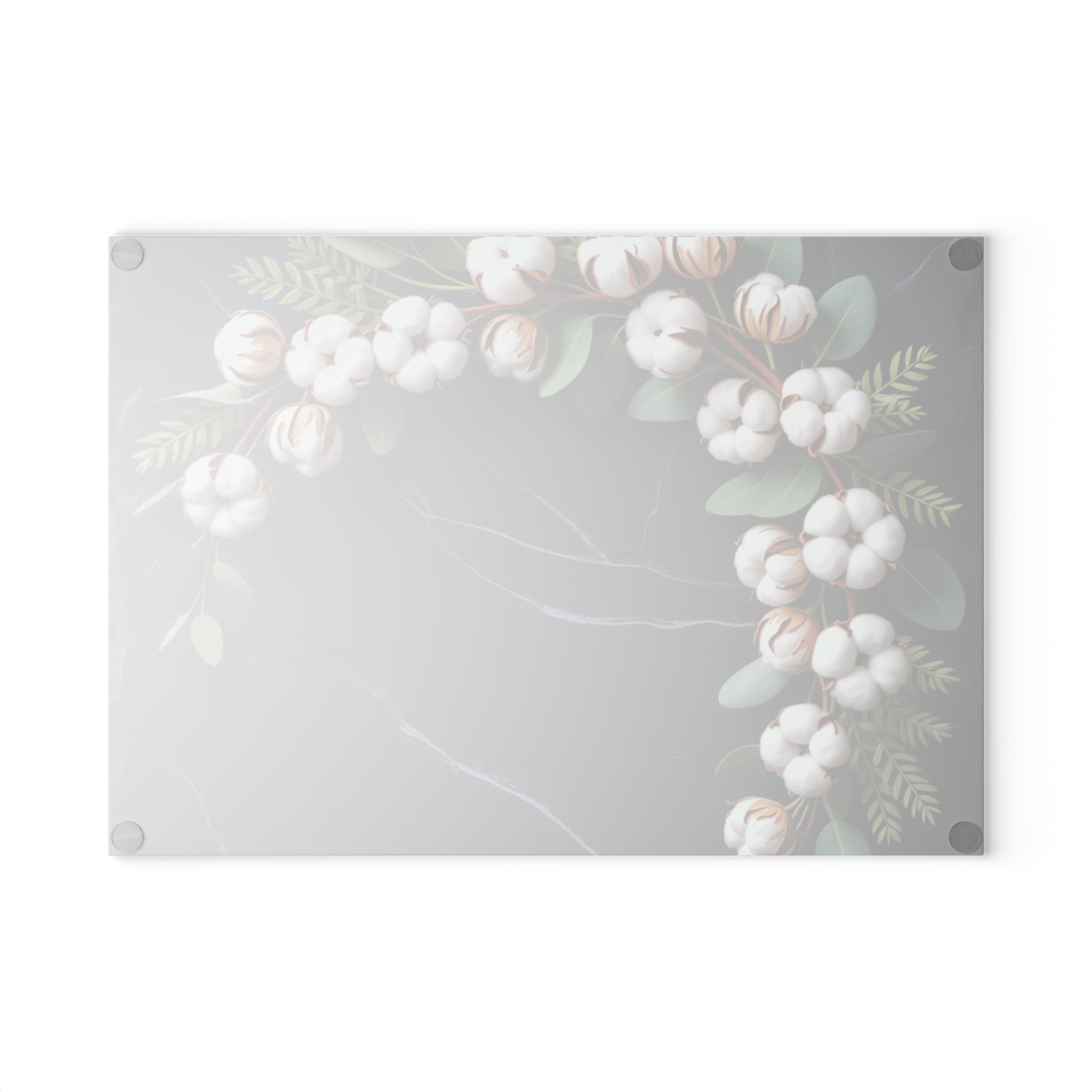 Cotton Stem Wreath Glass Cutting Board | Floral Kitchen Decor