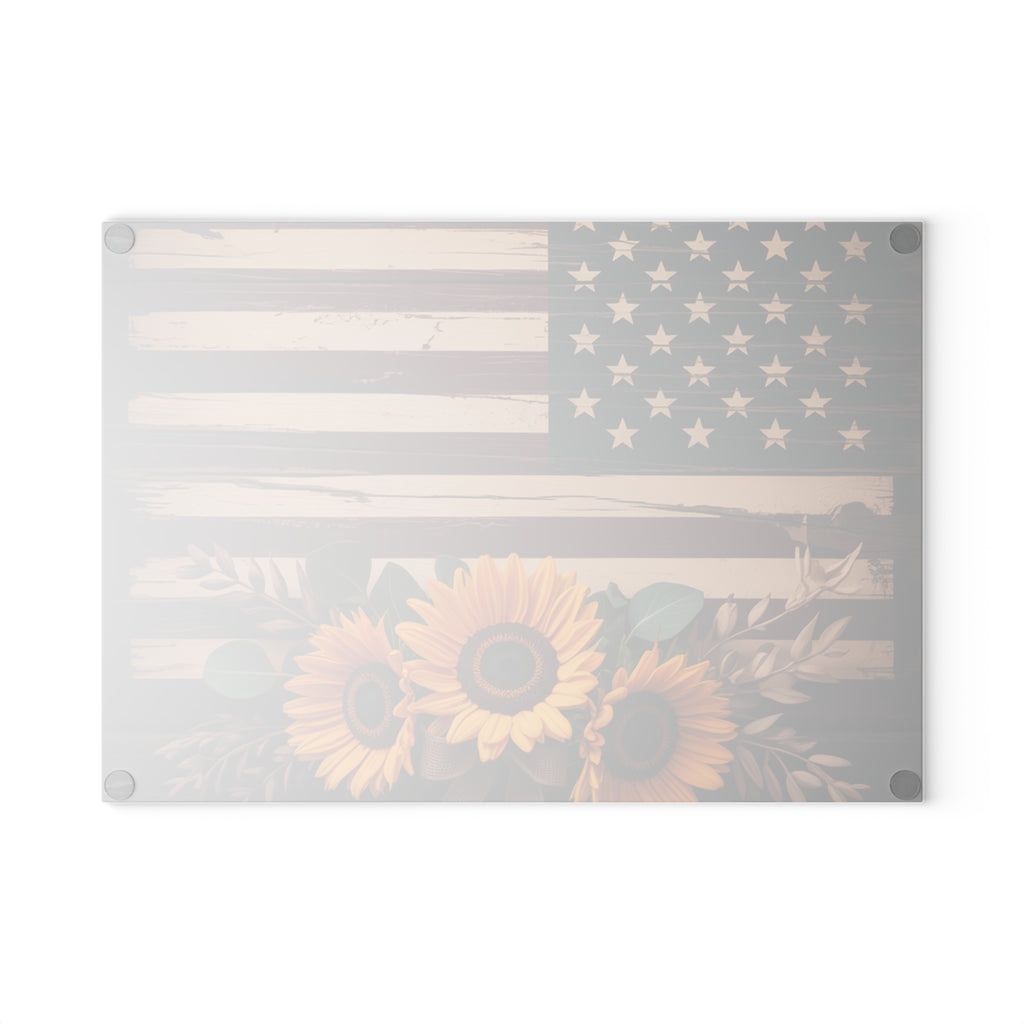 Sunflower American Flag Glass Cutting Board | Rustic Patriotic Kitchen