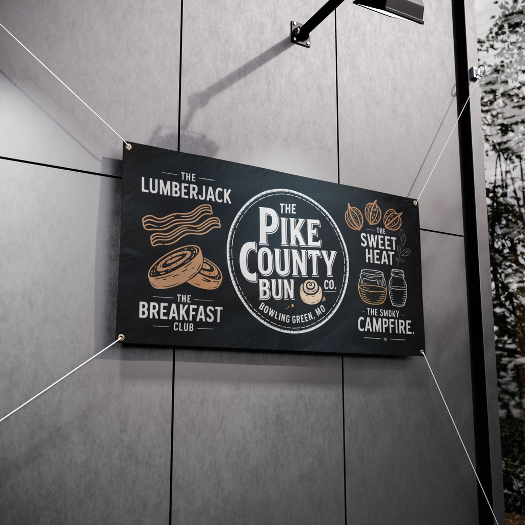 Vinyl Banner — The Pike County Bun Co. Logo & Breakfast Menu Outdoor Sign